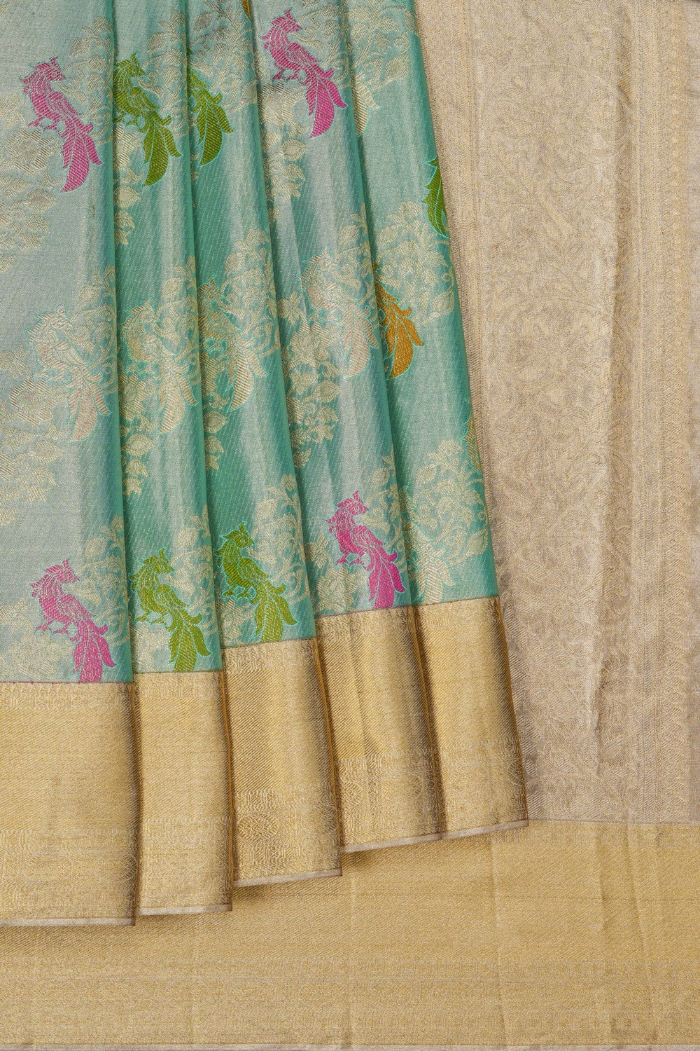 Image of A Teal Green Brocade Kanjivaram Silk Saree