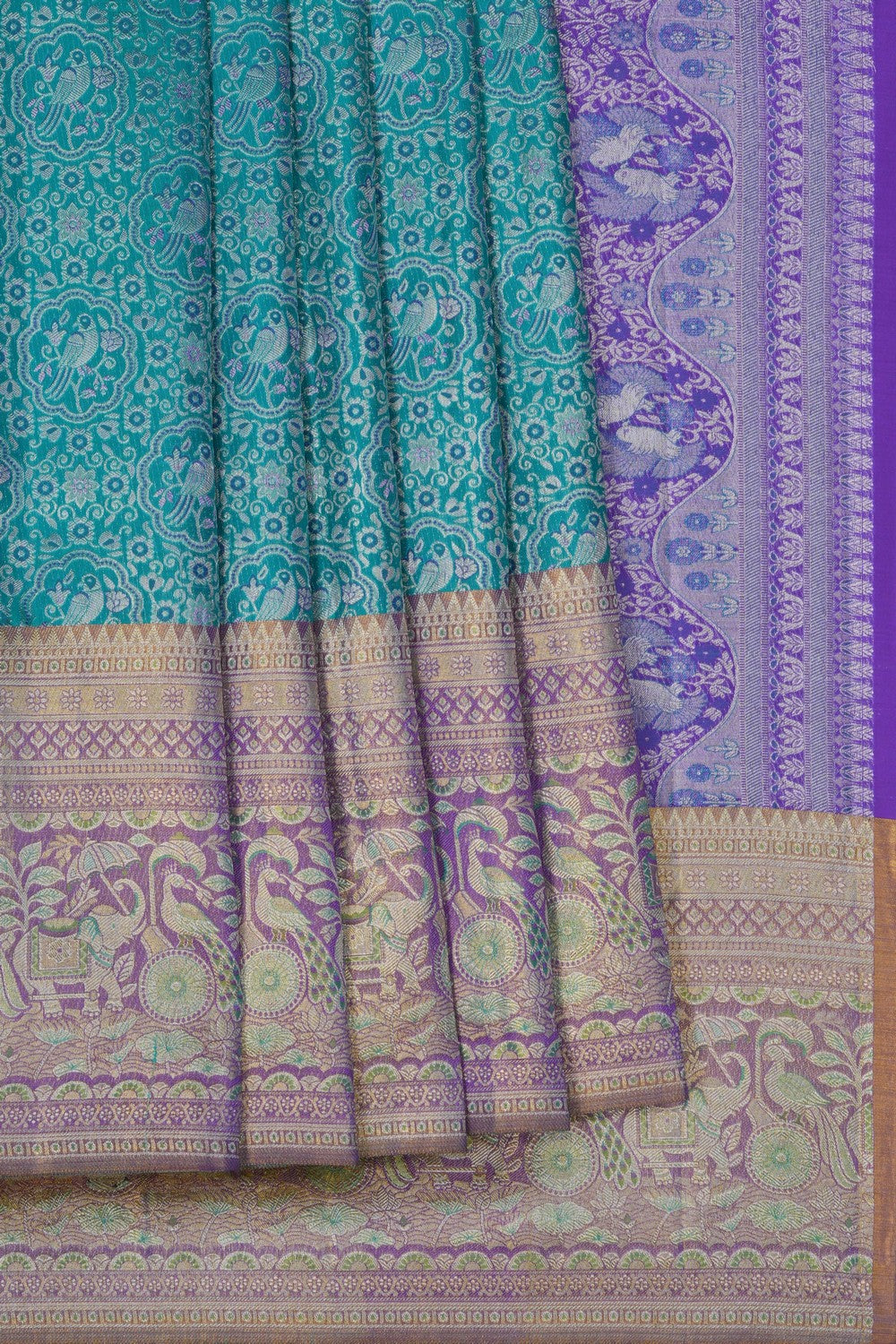 Image of A Teal Blue Brocade Kanjivaram Silk Saree
