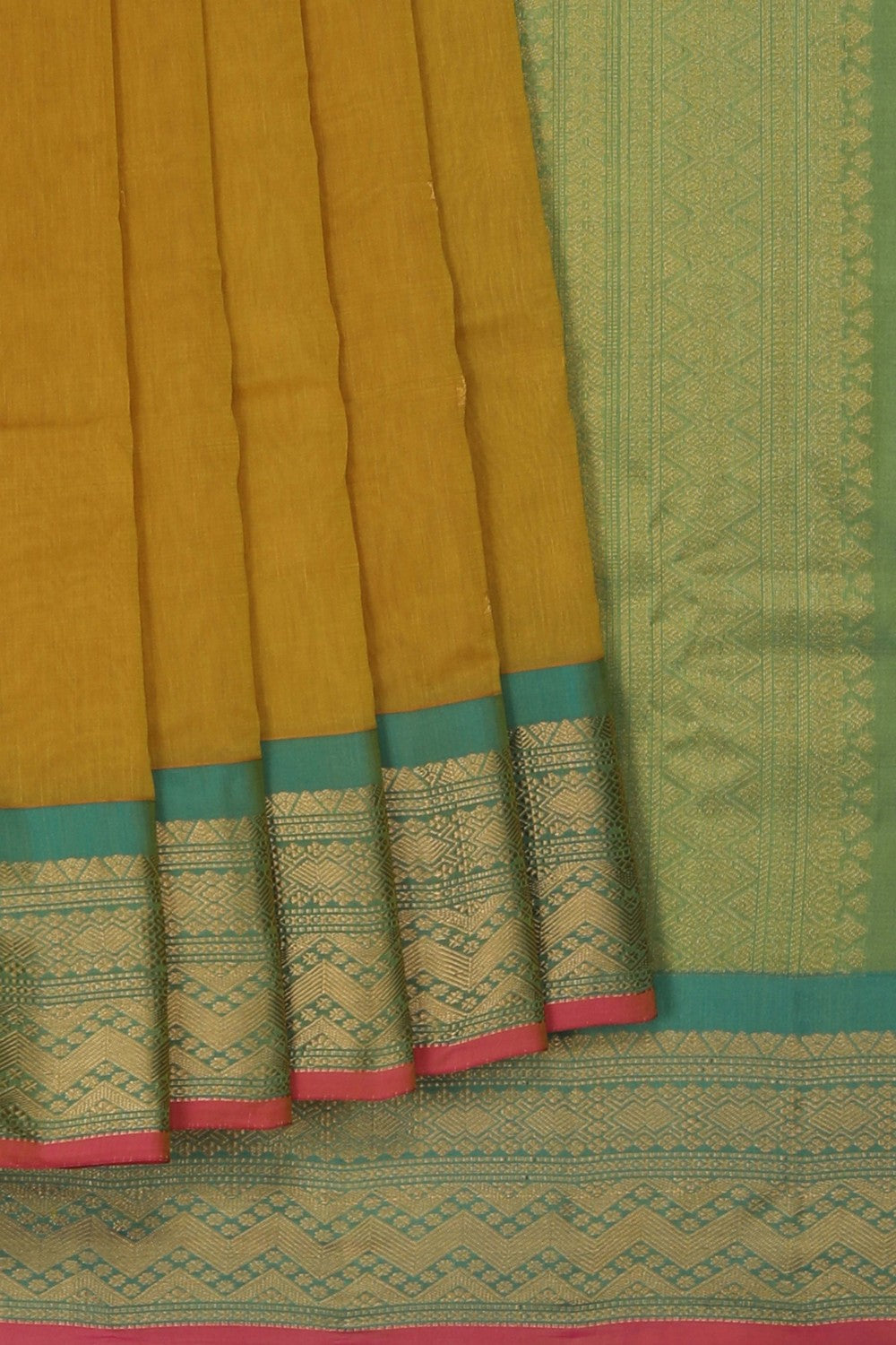 Image of Gadwal Silk Cotton Yellow Saree