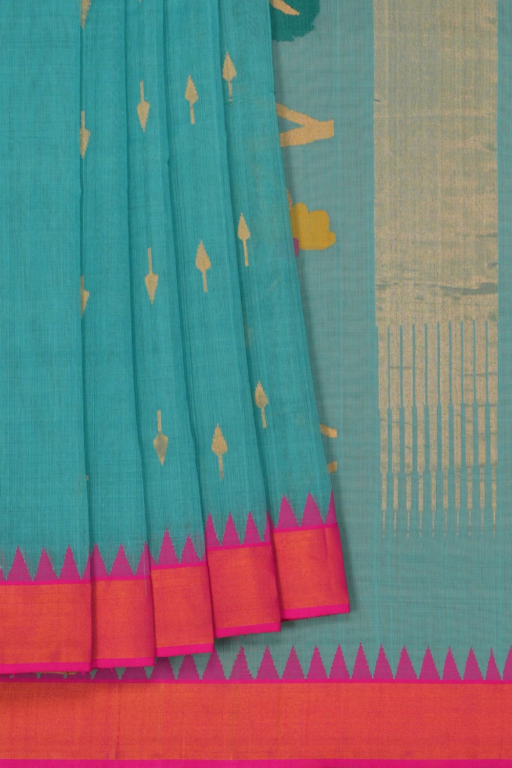 Image of Ponduru Cotton Turquoise Green Saree