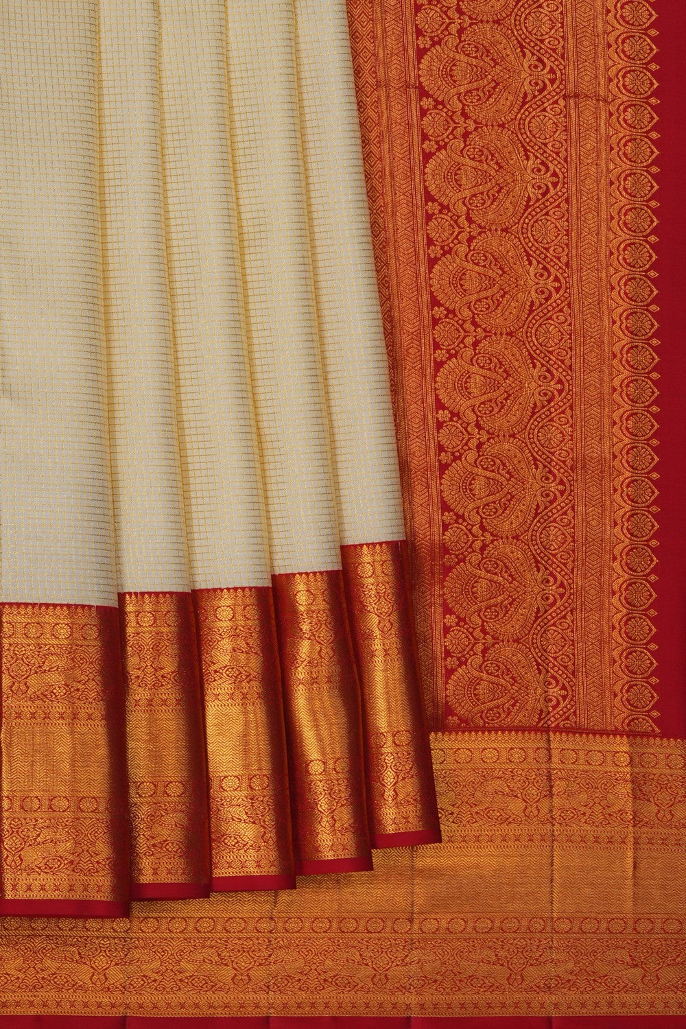 Image of Kanjivaram Silk Kattam Ivory Off-White Saree