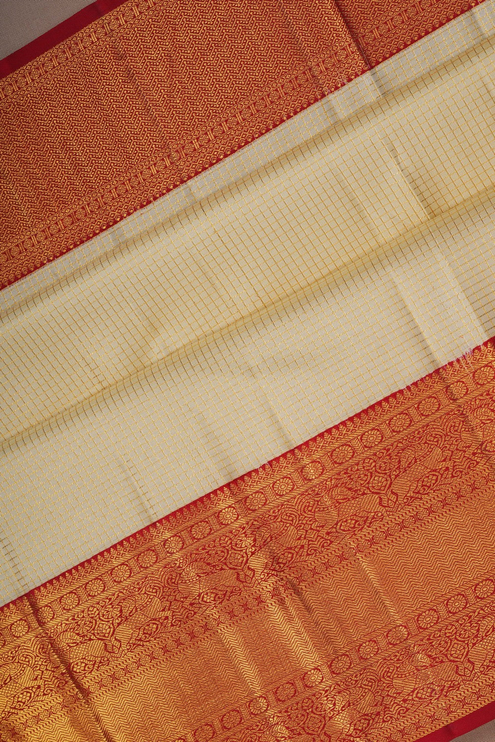 Image of Kanjivaram Silk Kattam Ivory Off-White Saree