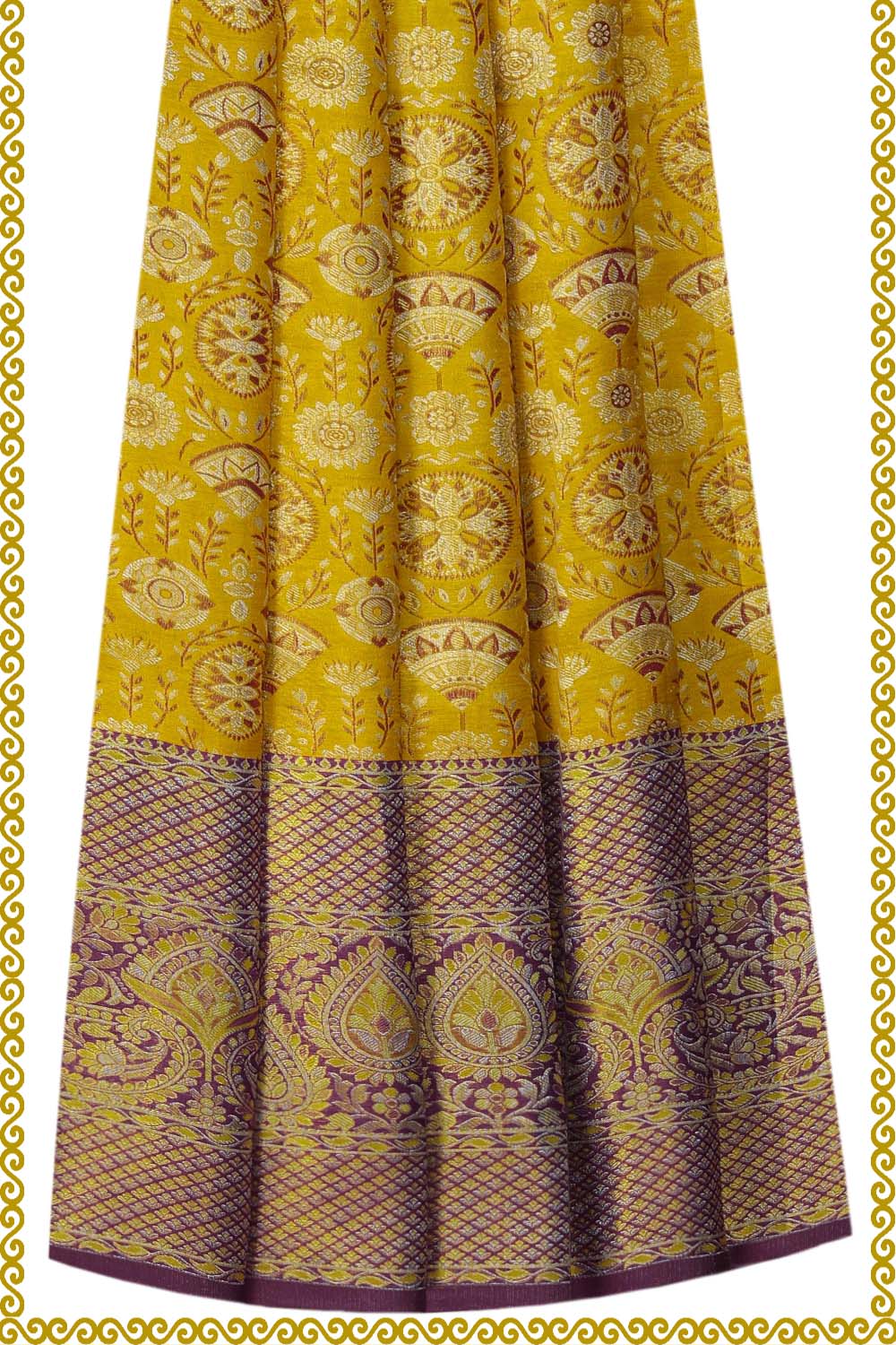 Image of Kanchipattu Pavada Yellow Unstitched Set