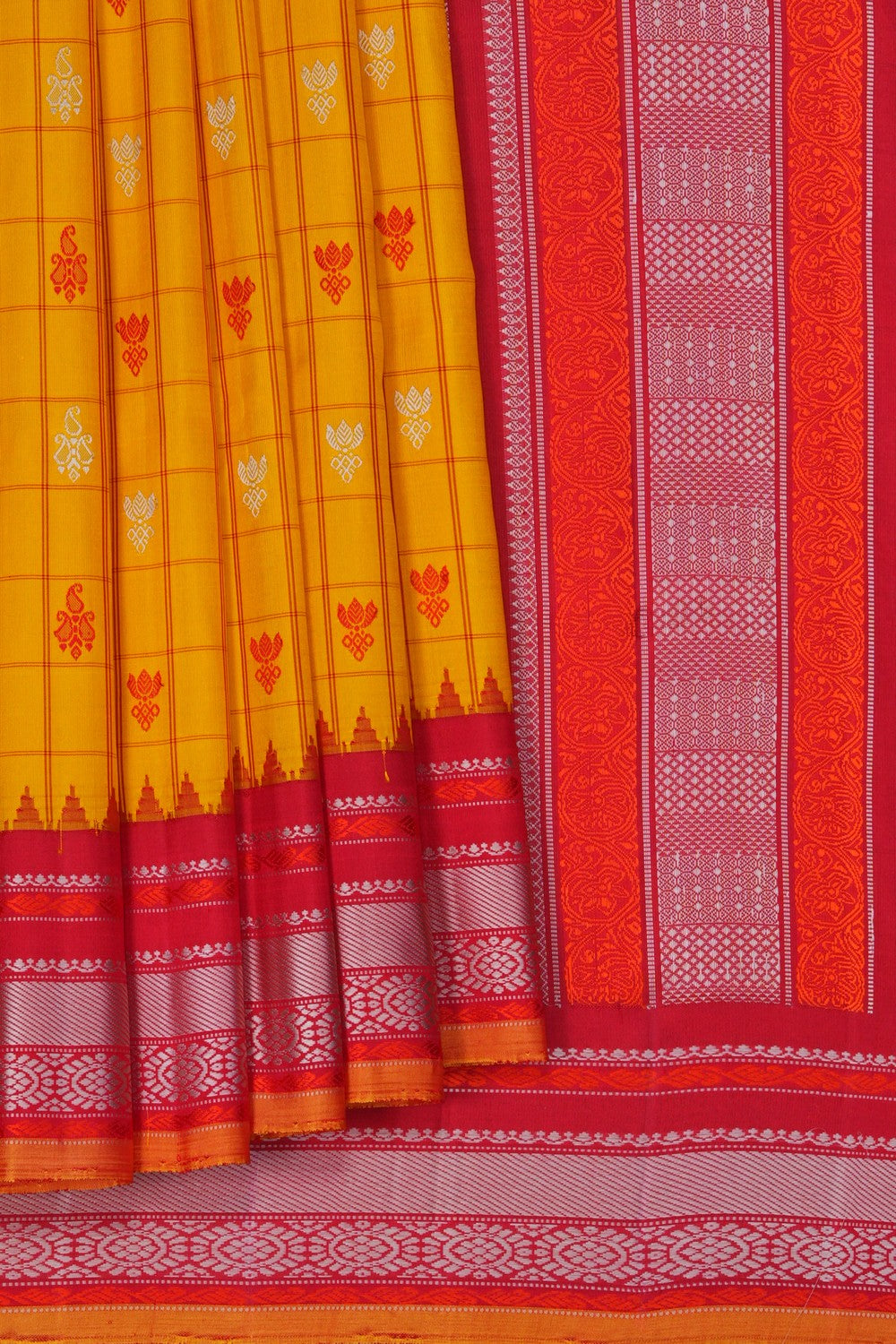 Image of Gadwal Silk Kattam Yellow Saree