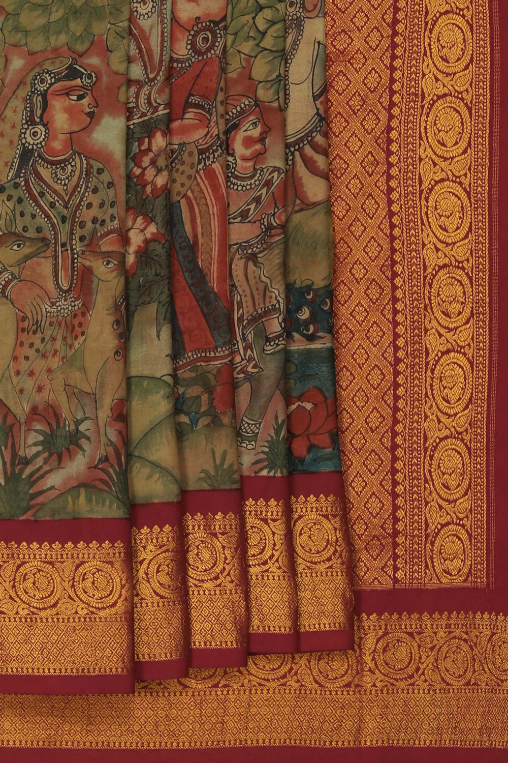 Image of Kalamkari painting saree with Mughal fusion artistry