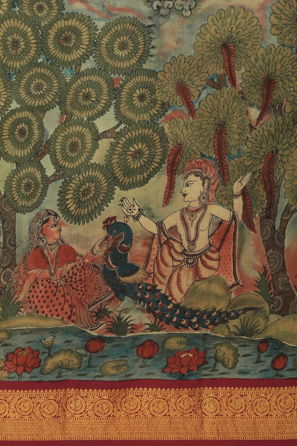 Image of Kalamkari painting saree with Mughal fusion artistry