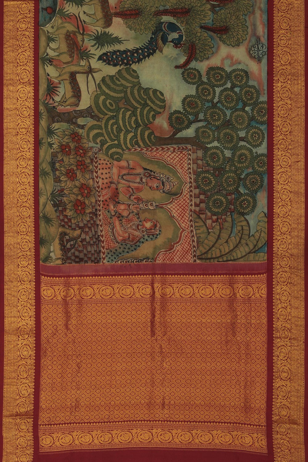 Image of Kalamkari painting saree with Mughal fusion artistry