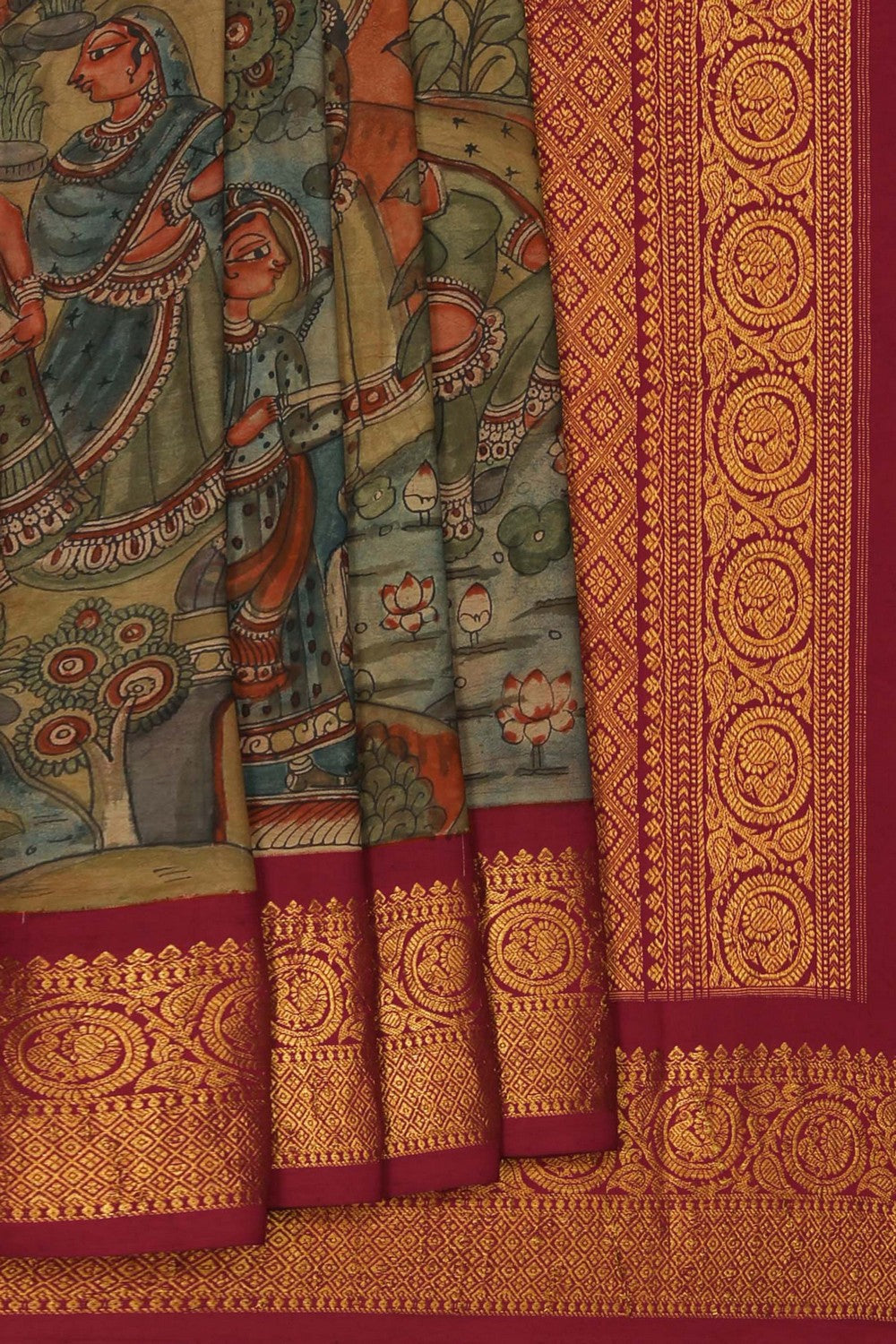 Image of Kalamkari painting saree with Mughal fusion artistry