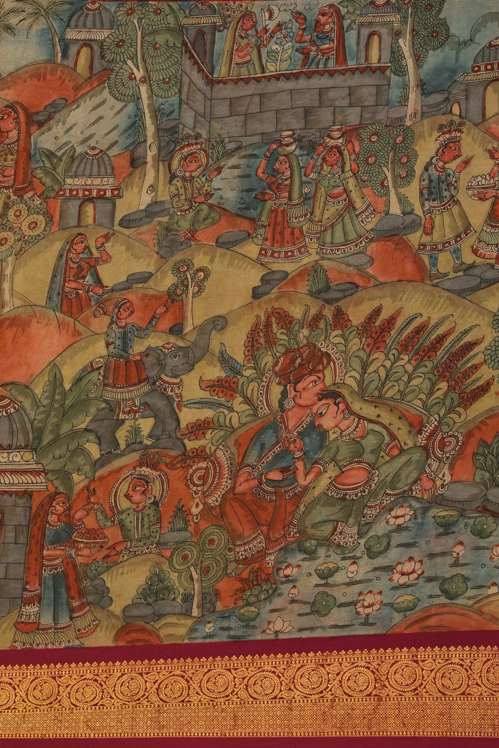 Image of Kalamkari painting saree with Mughal fusion artistry