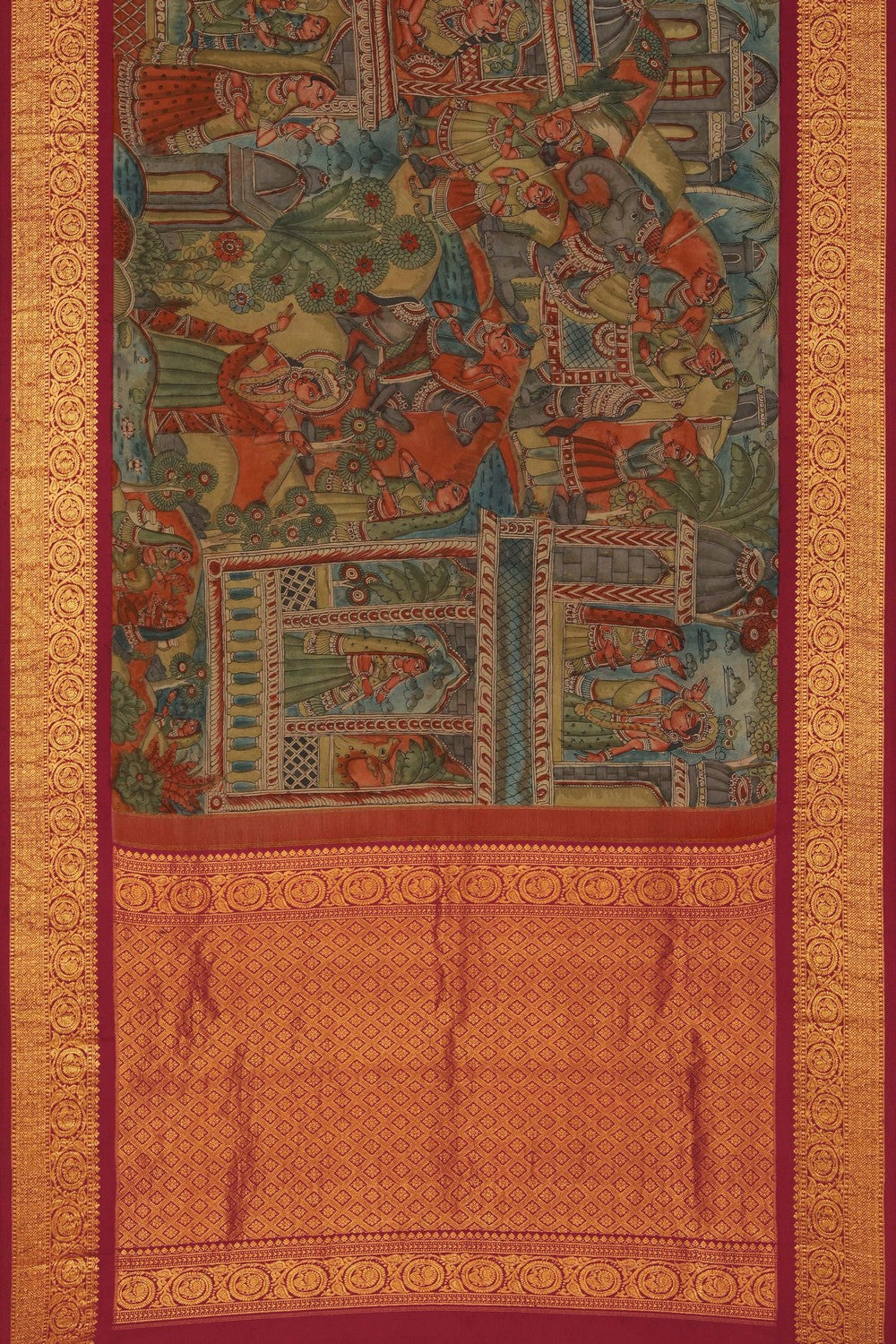 Image of Kalamkari painting saree with Mughal fusion artistry
