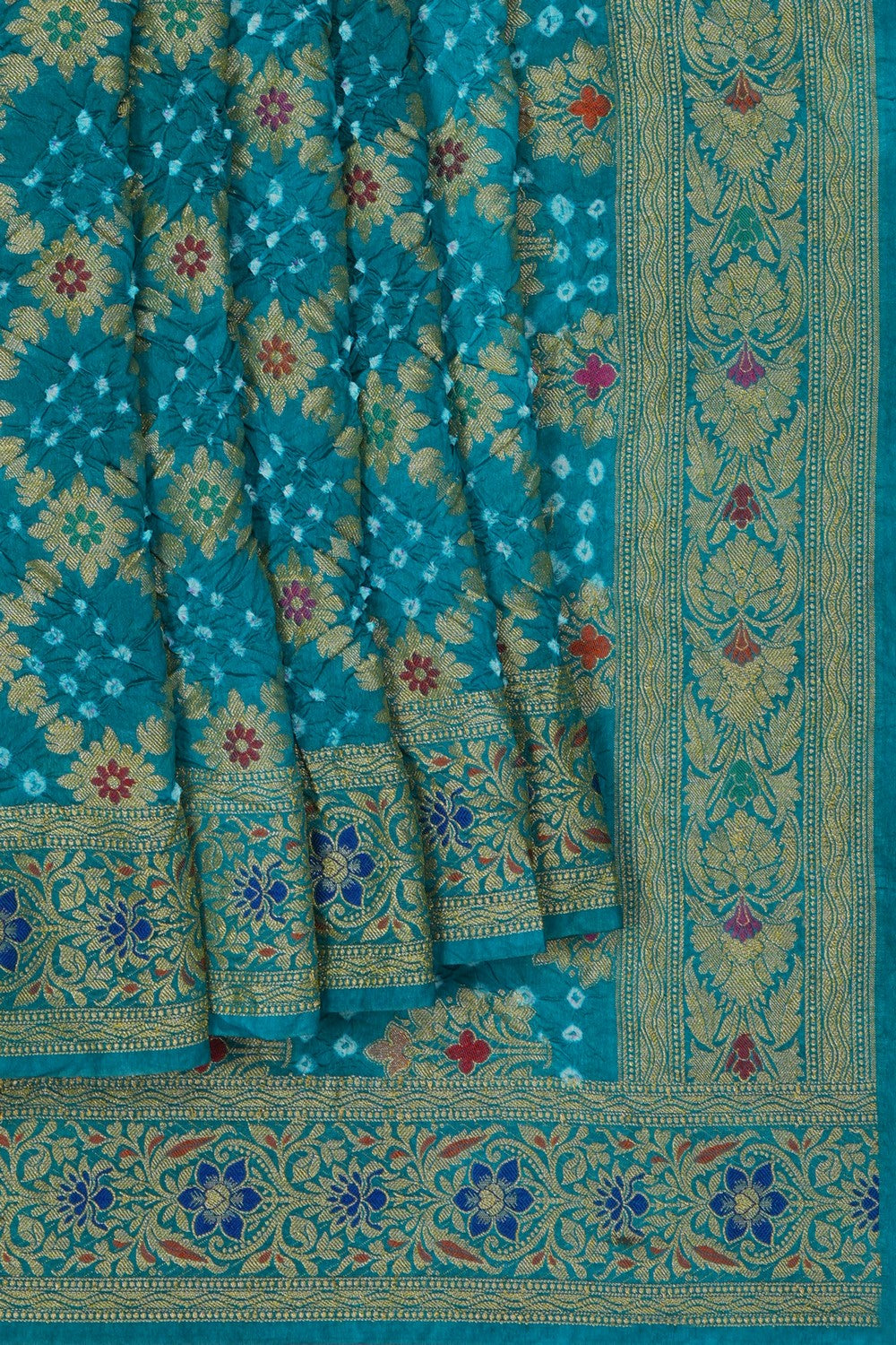 Image of Bandhani Teal Silk Saree