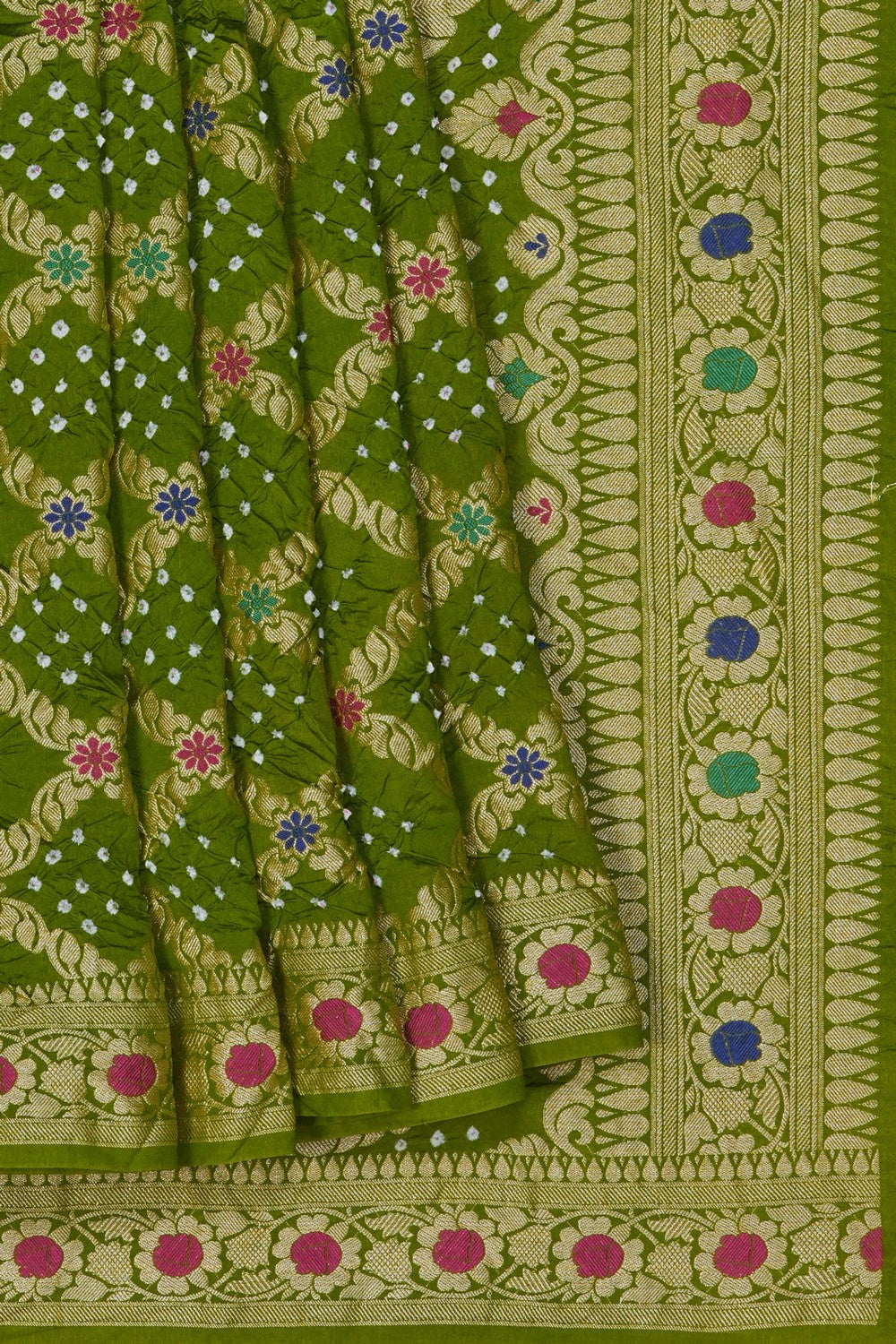 Image of Bandhani Green Silk Saree