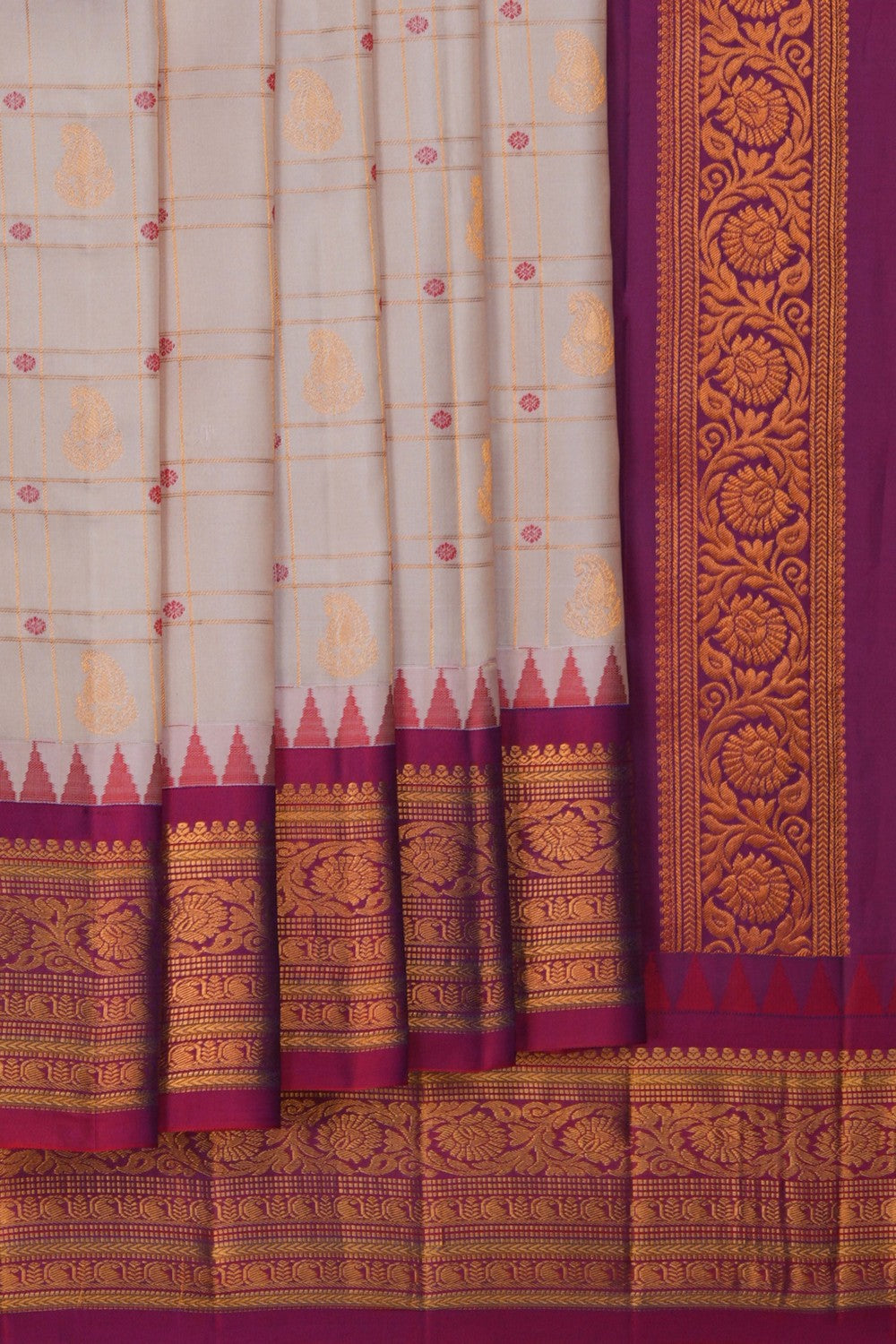 Image of Gadwal Silk Kattam Off-White Saree