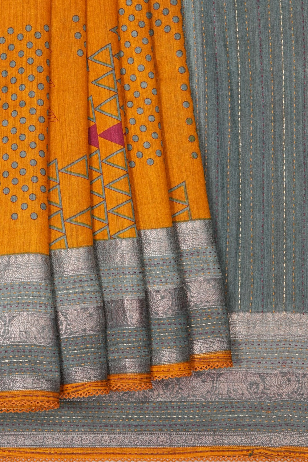 Image of Desi Tussar Silk Mustard Saree