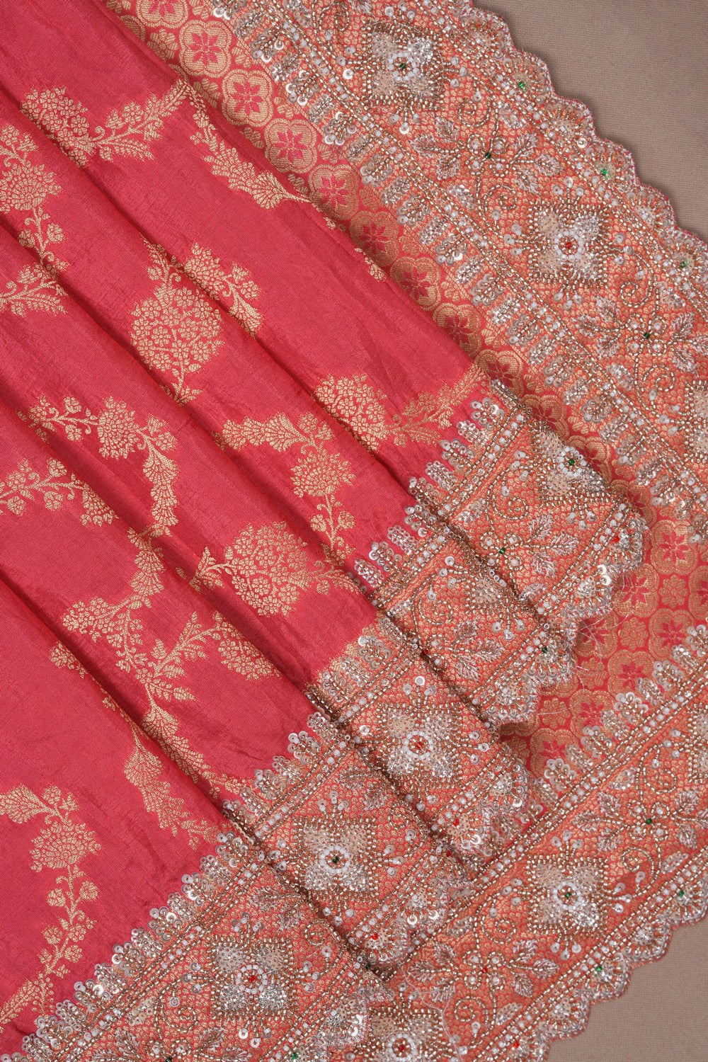 Image of Coral Pink Silk Saree
