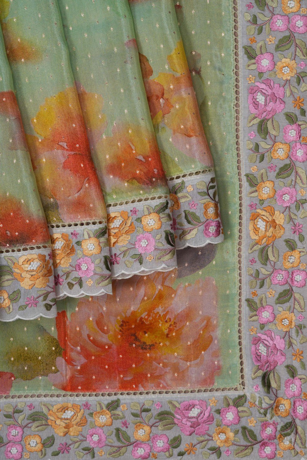 Image of A Floral Print Tissue Silk Saree
