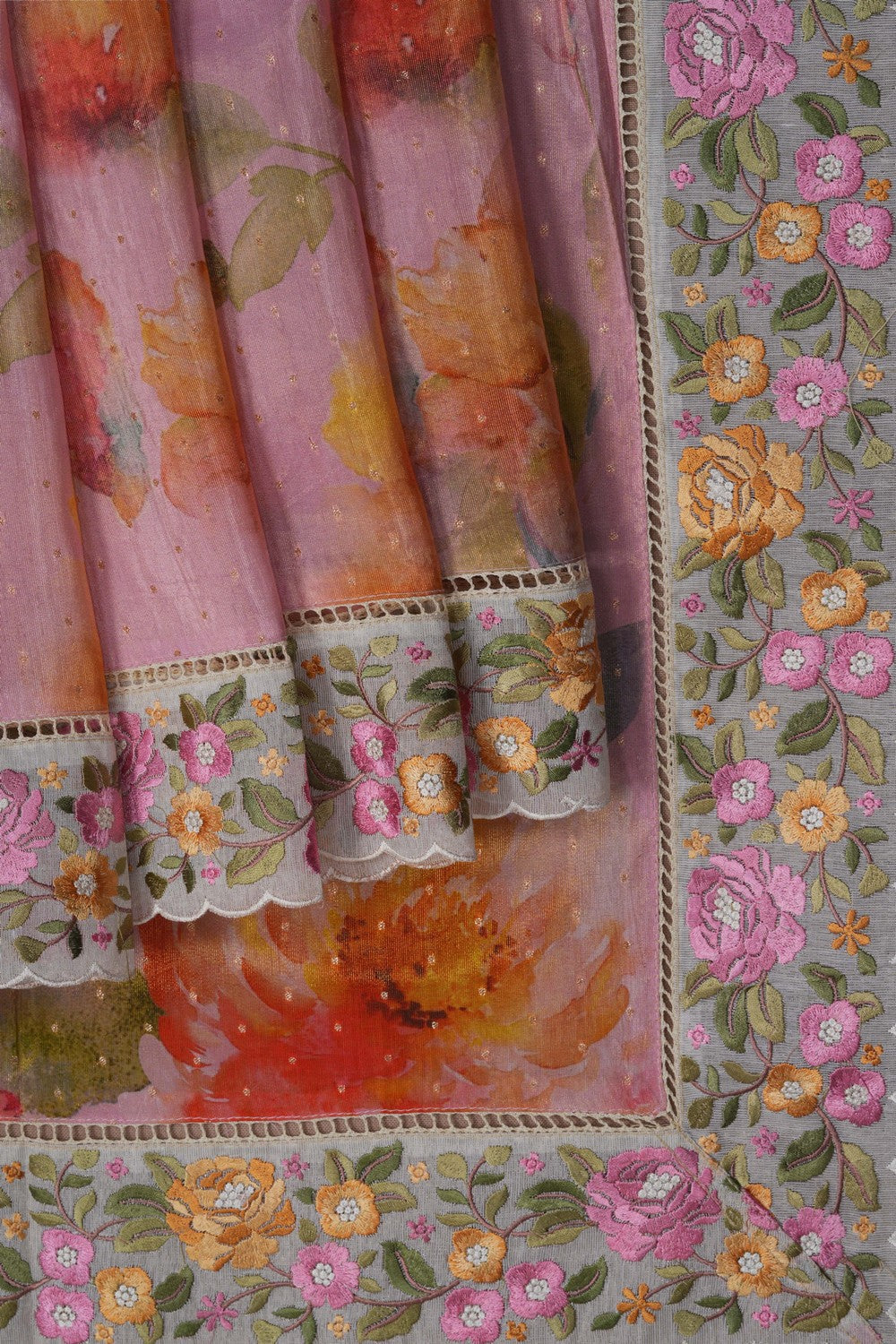 Image of A Floral Print Tissue Silk Saree