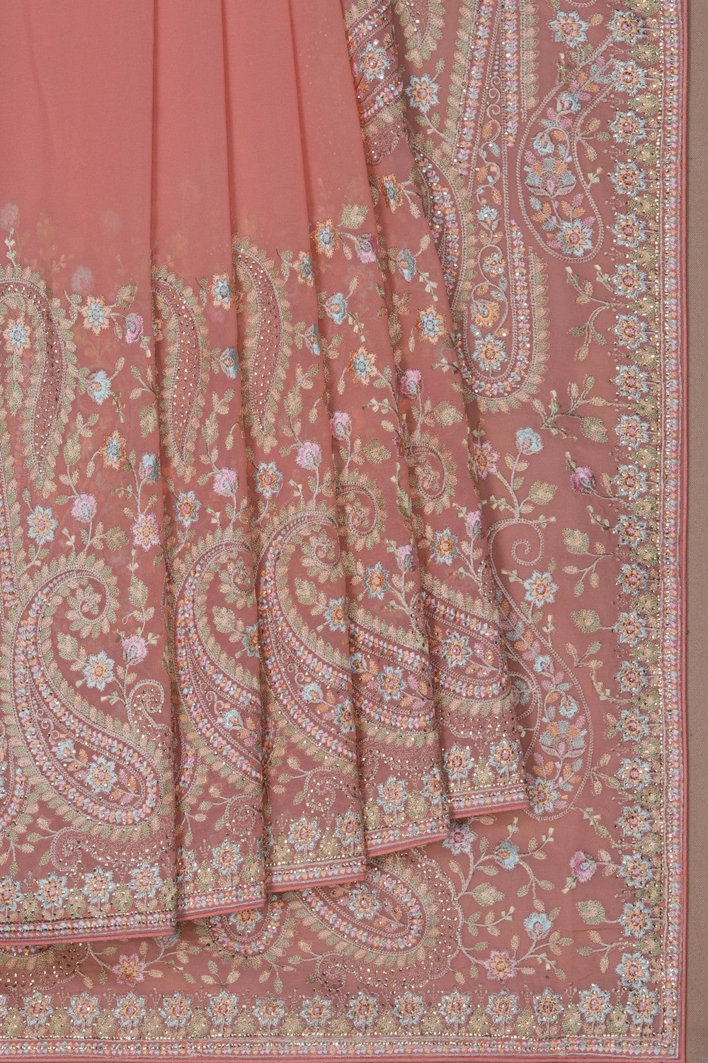 Image of Peach Beautiful Embroidered Georgette Saree