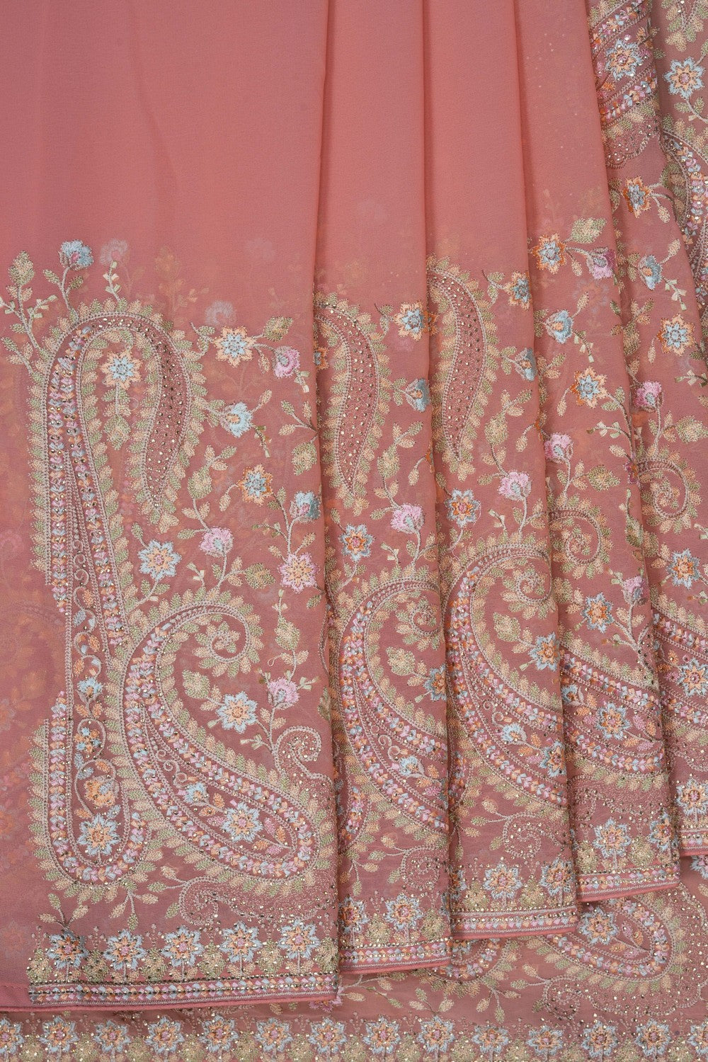 Image of Peach Beautiful Embroidered Georgette Saree