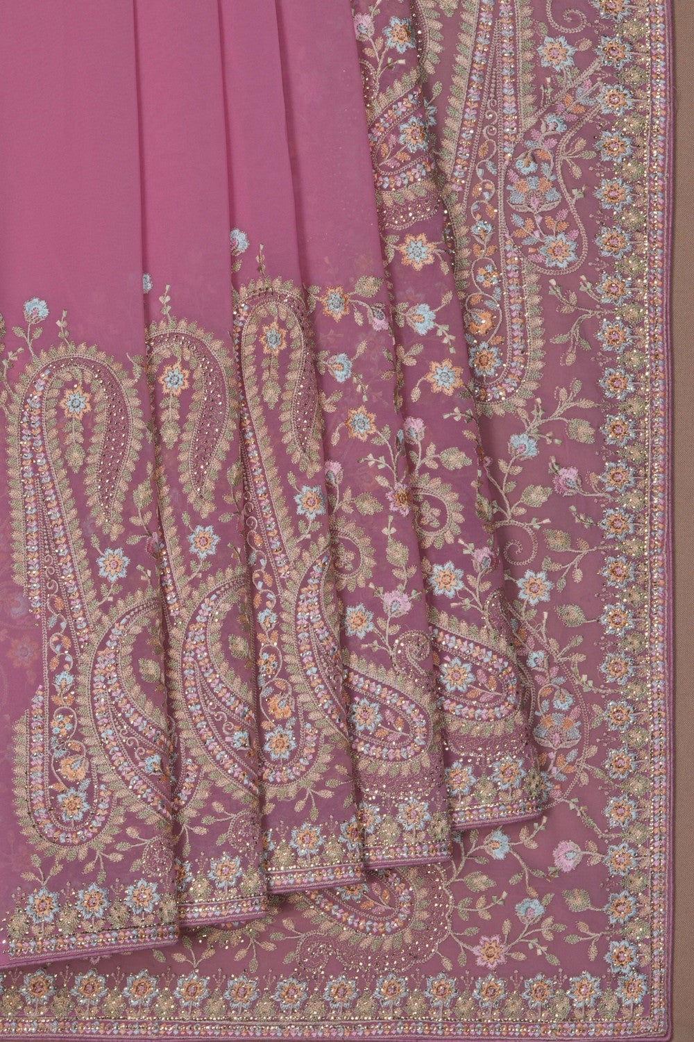 Image of Lavender-Pink Beautiful Embroidered Georgette Saree