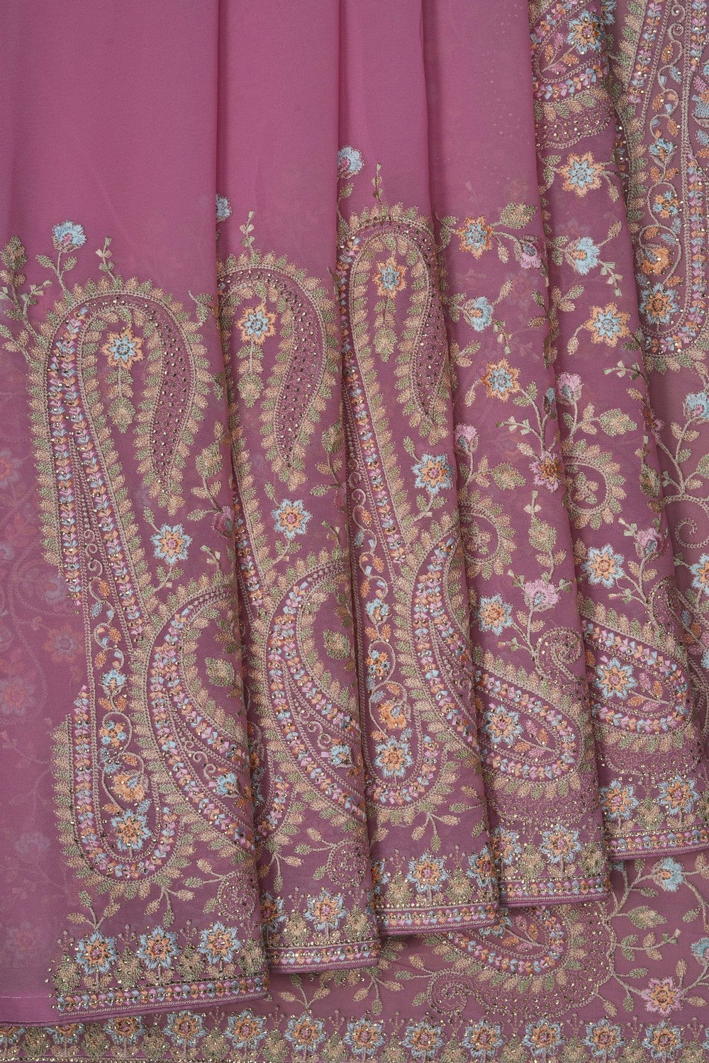 Image of Lavender-Pink Beautiful Embroidered Georgette Saree