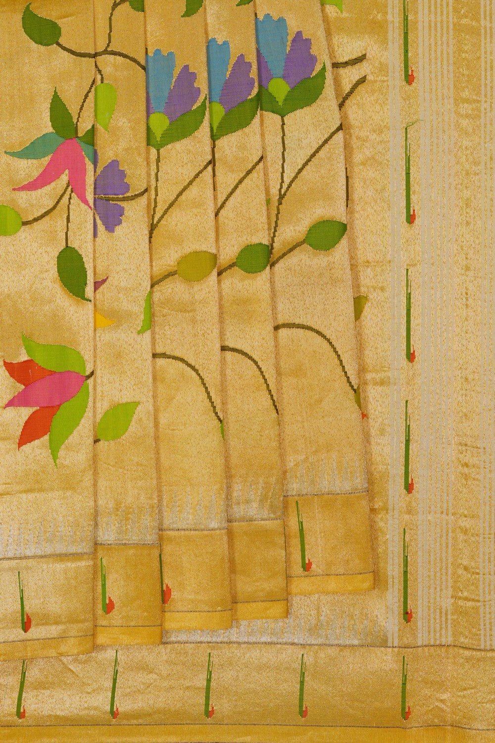 Image of Golden-Green Paithani Silk Brocade Saree