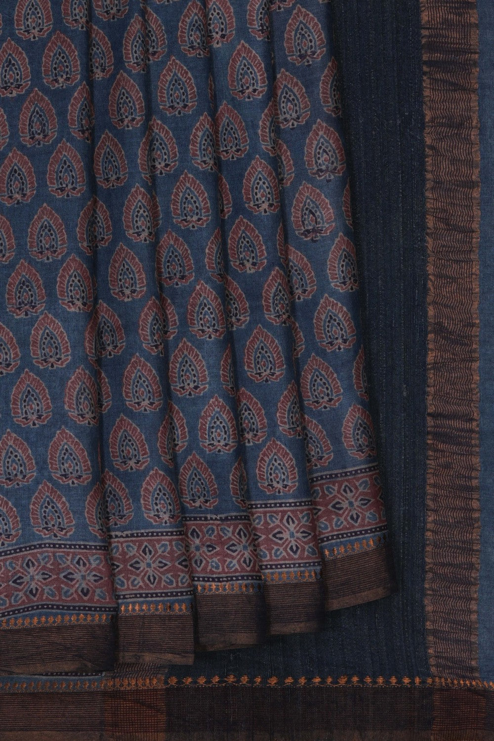 Image of Ajrakh Printed Desi Tussar Silk Saree