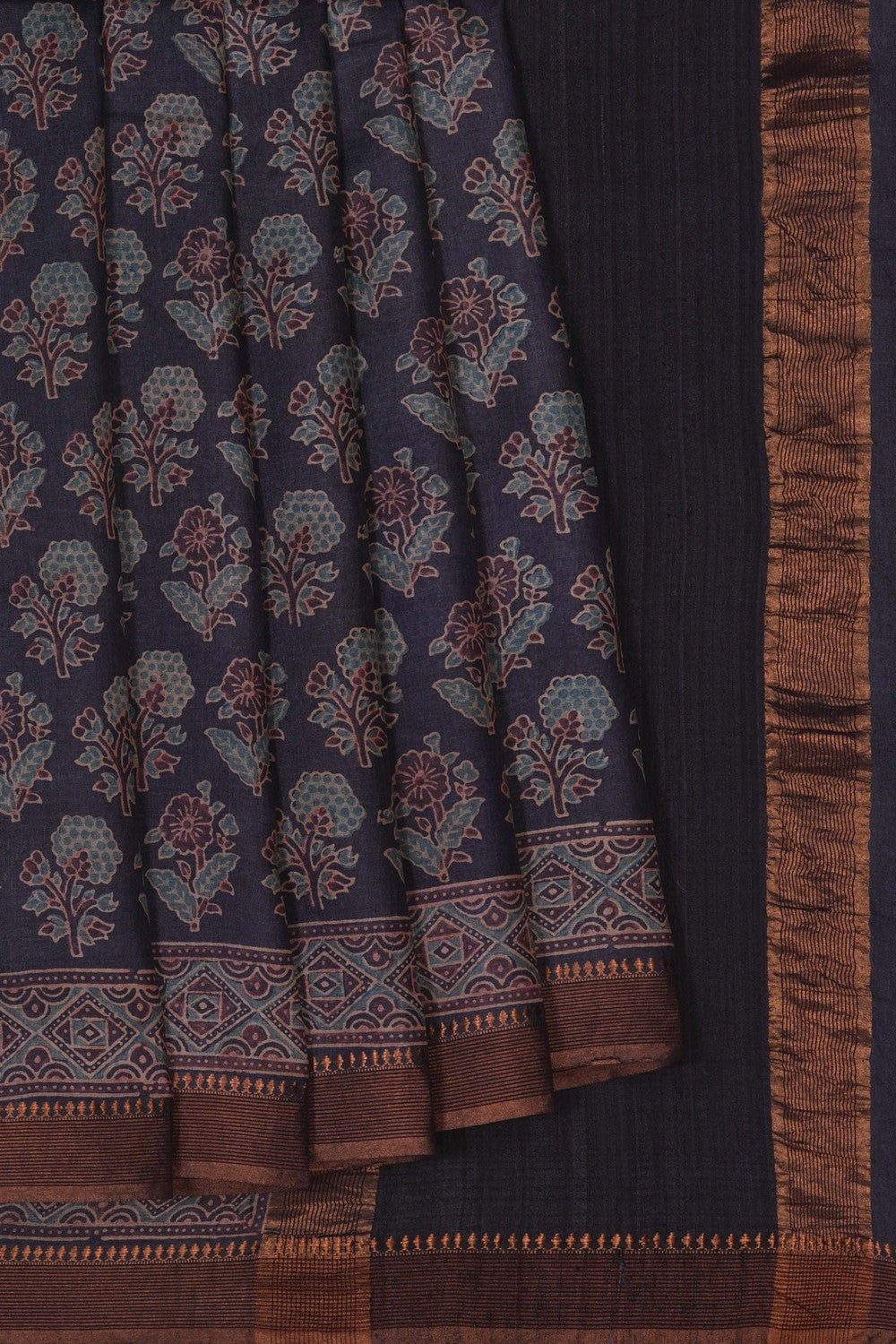 Image of Ajrakh Printed Desi Tussar Silk Saree