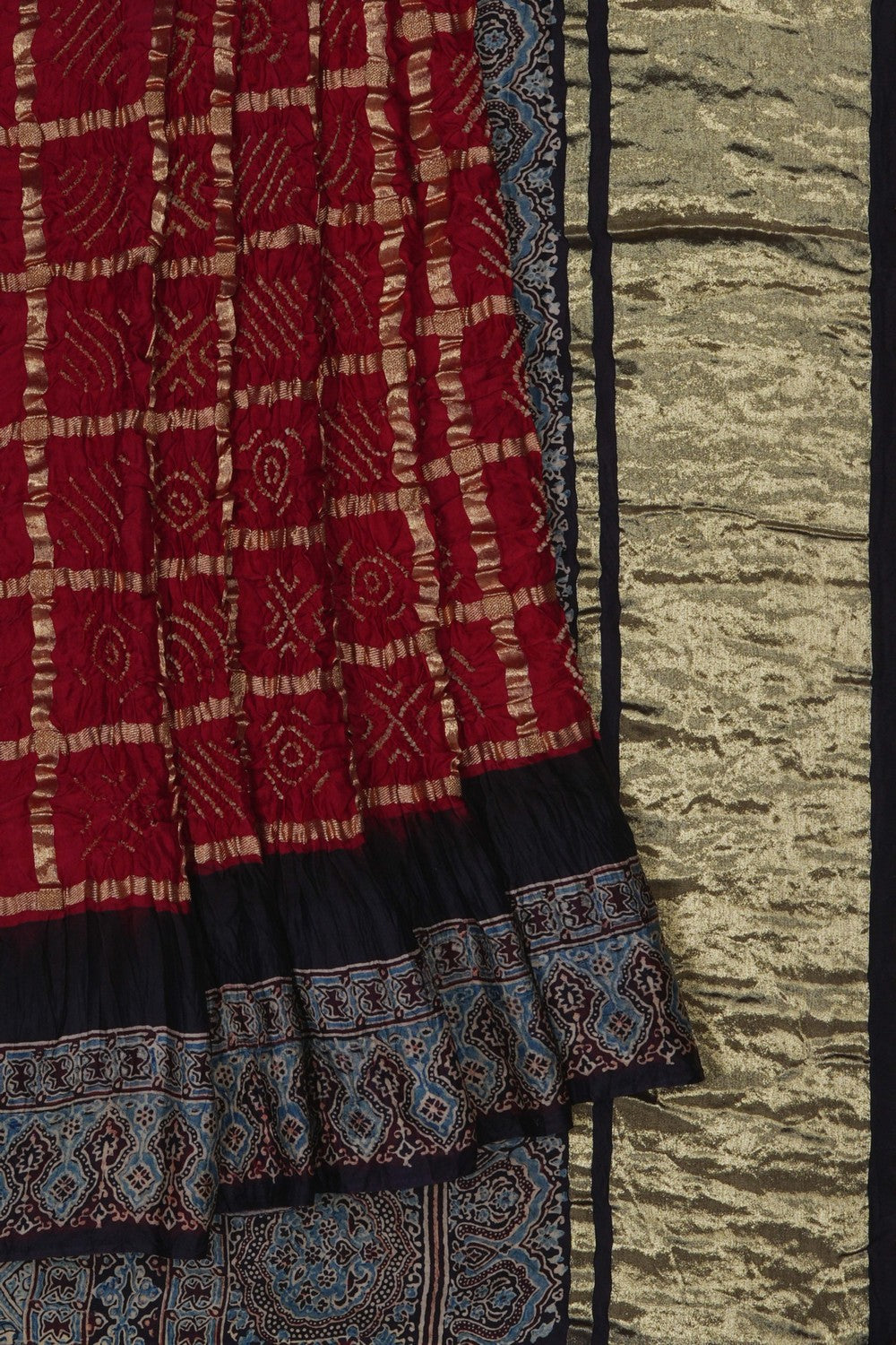 Image of A Red Satin Silk Bandhani Saree