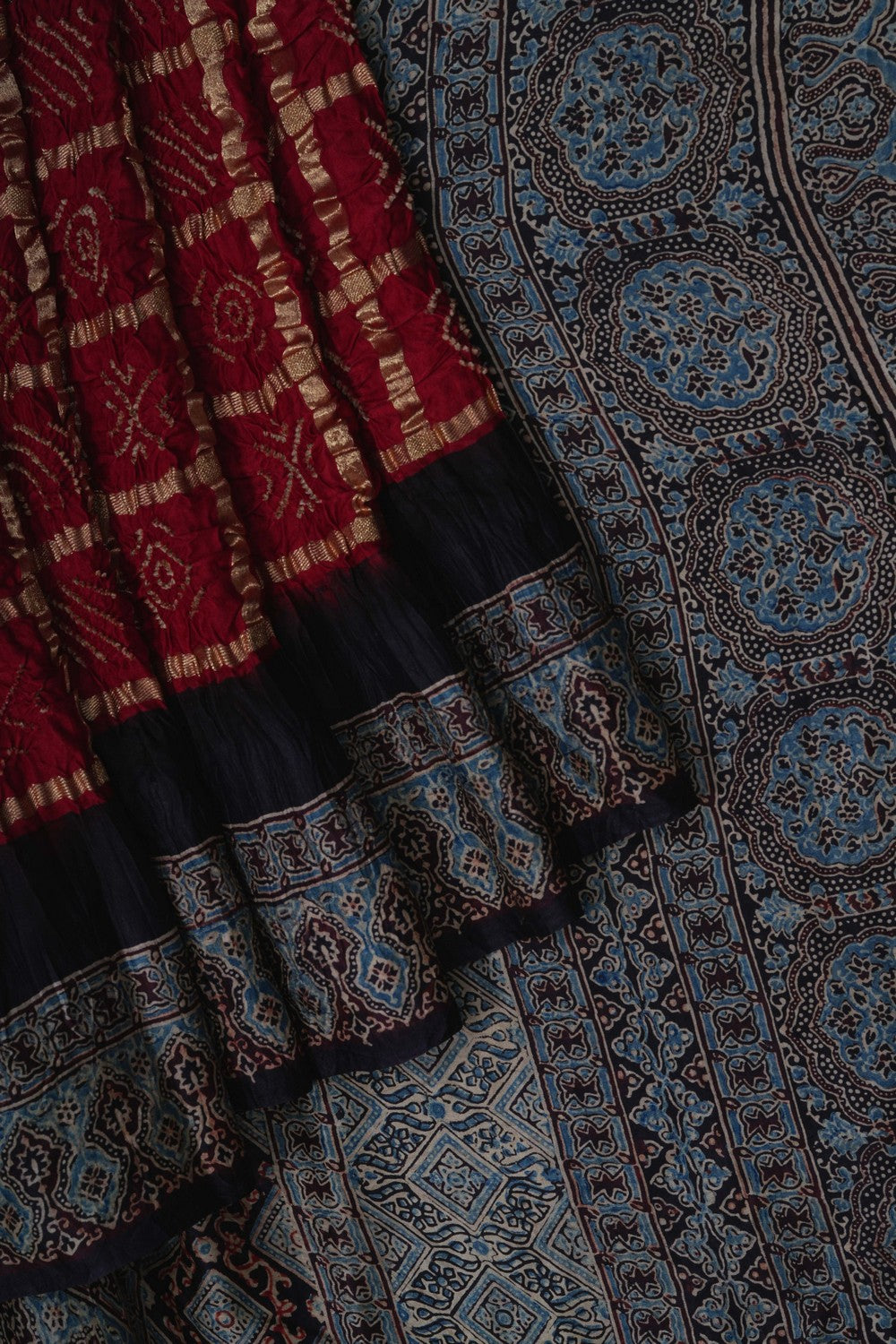 Image of A Red Satin Silk Bandhani Saree