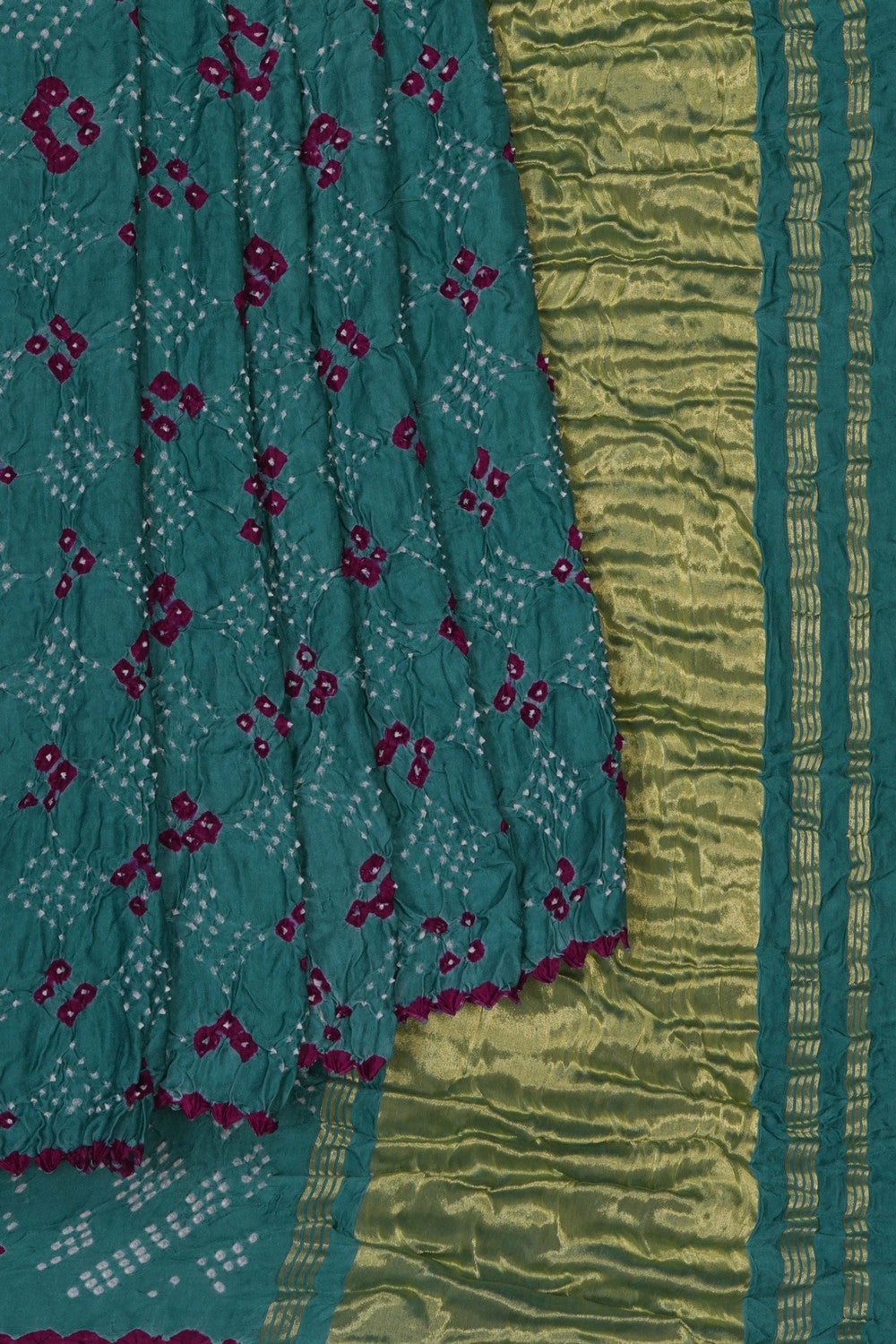 Image of A Teal Green Satin Silk Bandhani Saree
