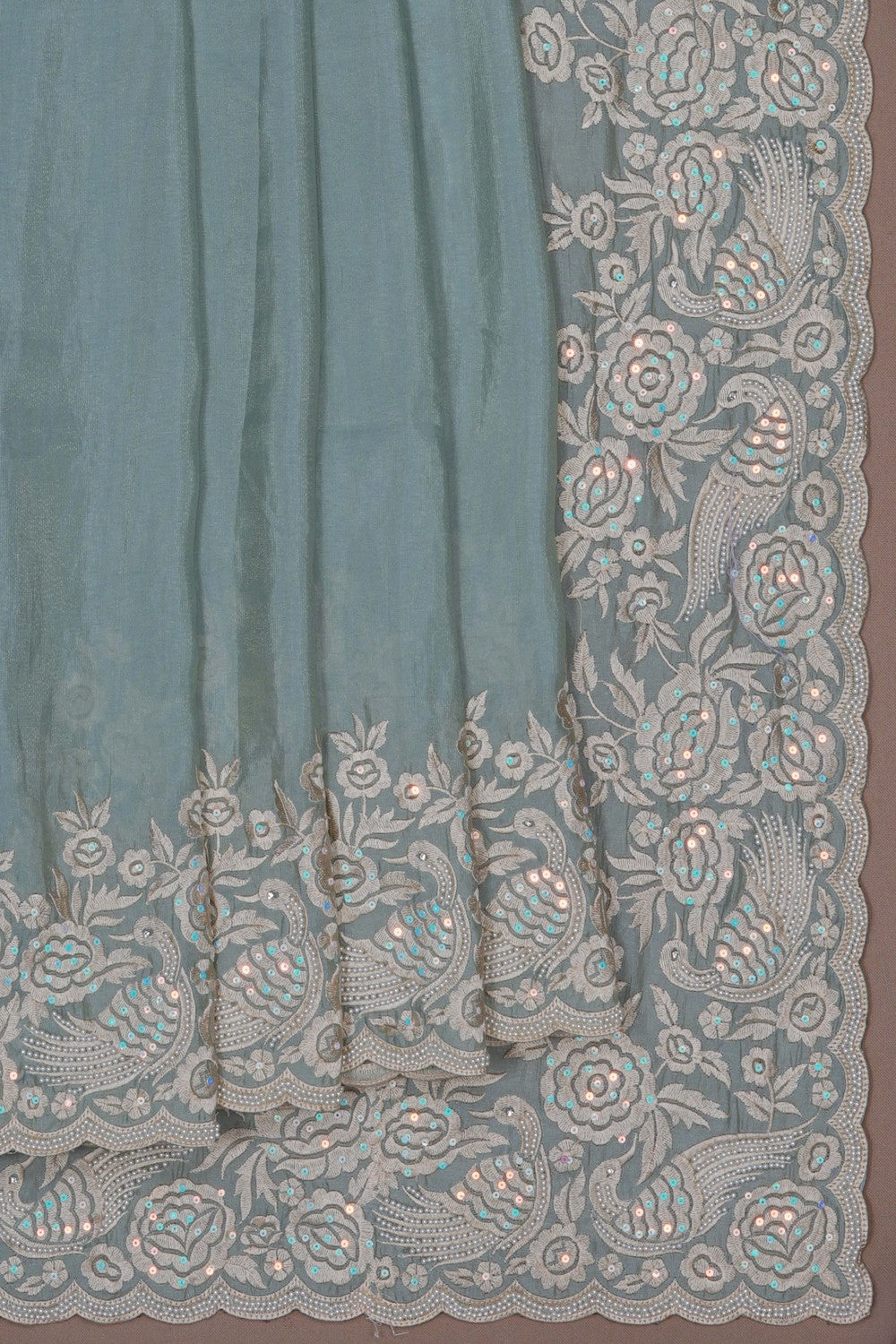 Image of A Sage Green Embroidered Silk Saree