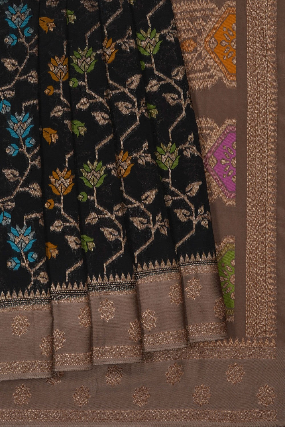 Image of Black Silk Saree Adorned With Delicate Floral Motifs