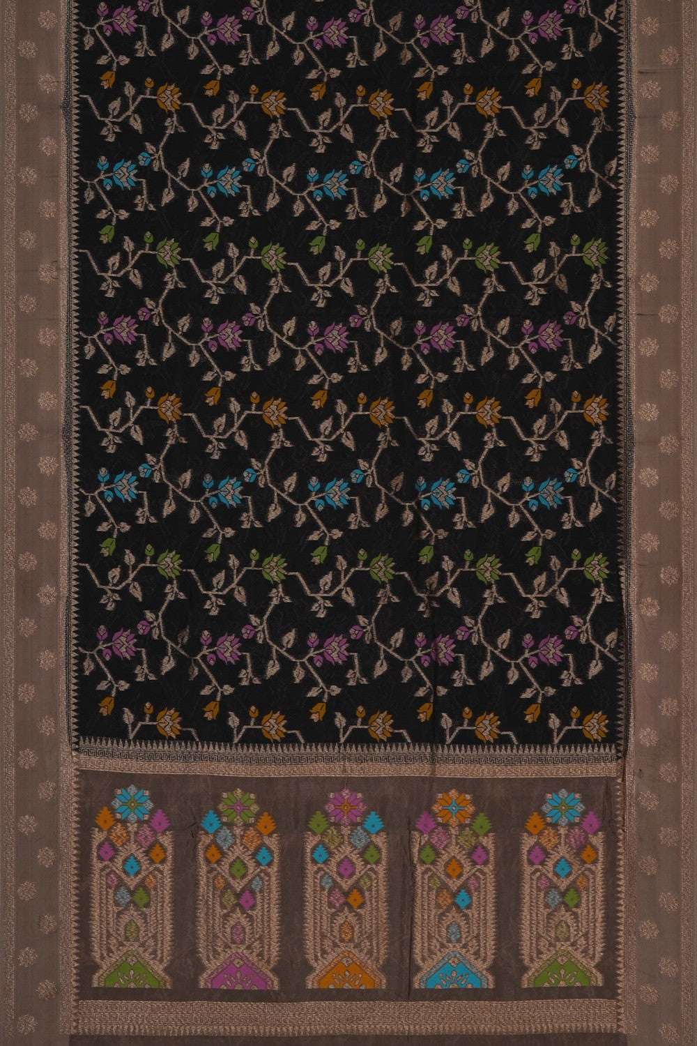 Image of Black Silk Saree Adorned With Delicate Floral Motifs