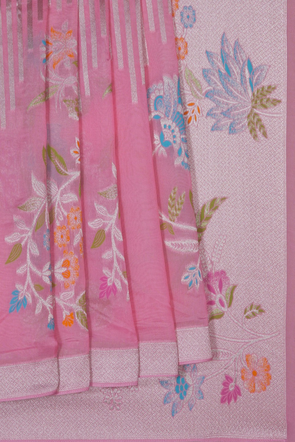 Image of Pink Silk Saree Adorned With Delicate Floral