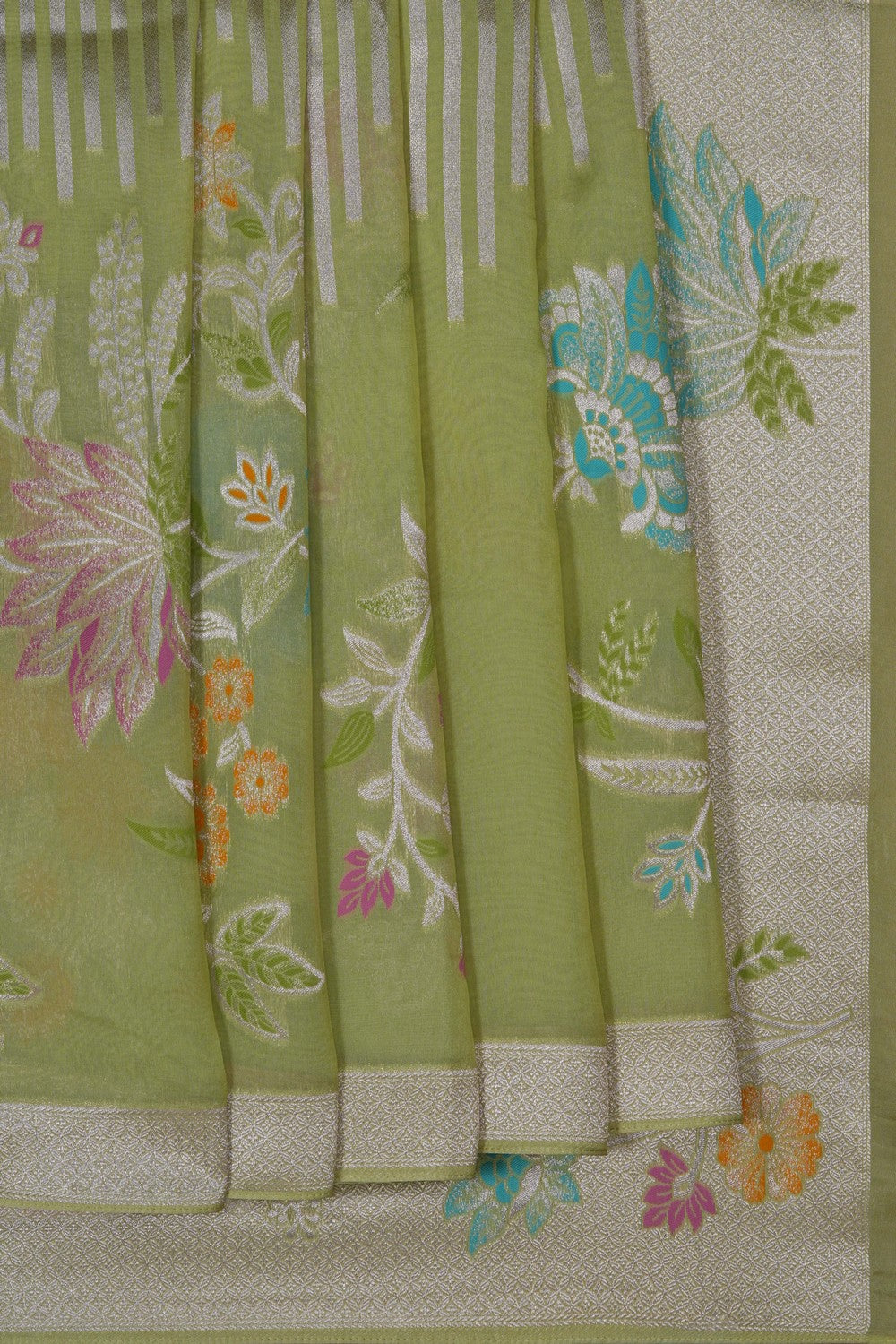 Image of Green Silk Saree Adorned With Delicate Floral