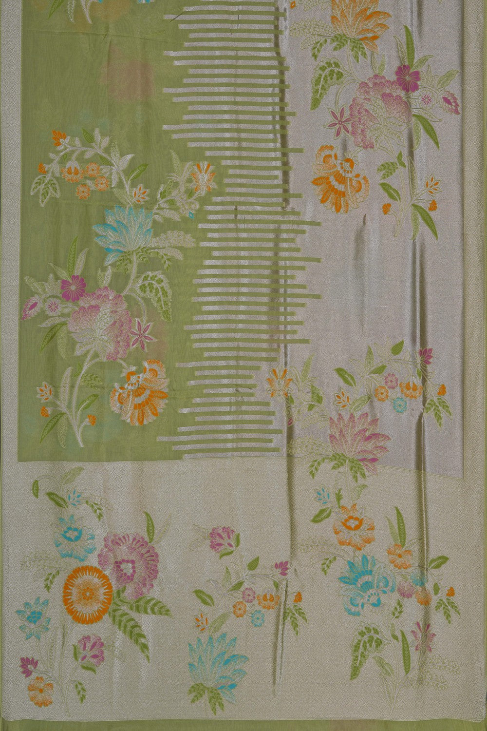 Image of Green Silk Saree Adorned With Delicate Floral