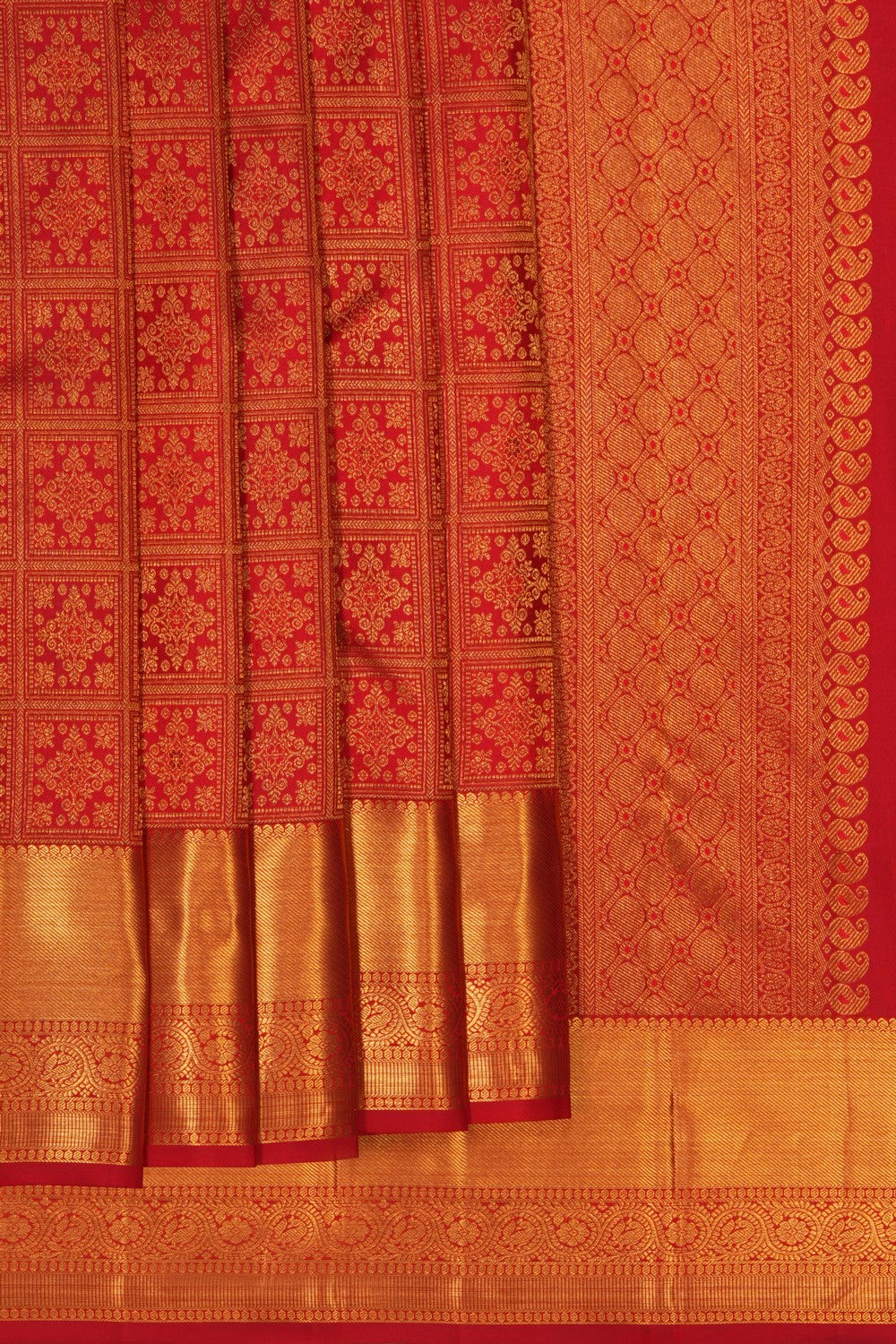 Image of Red Kanjivaram Silk Kattam Saree