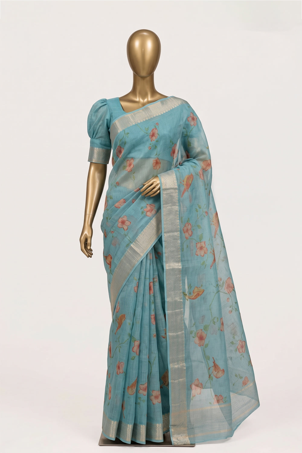 Image of Sea Blue Kora Silk Saree