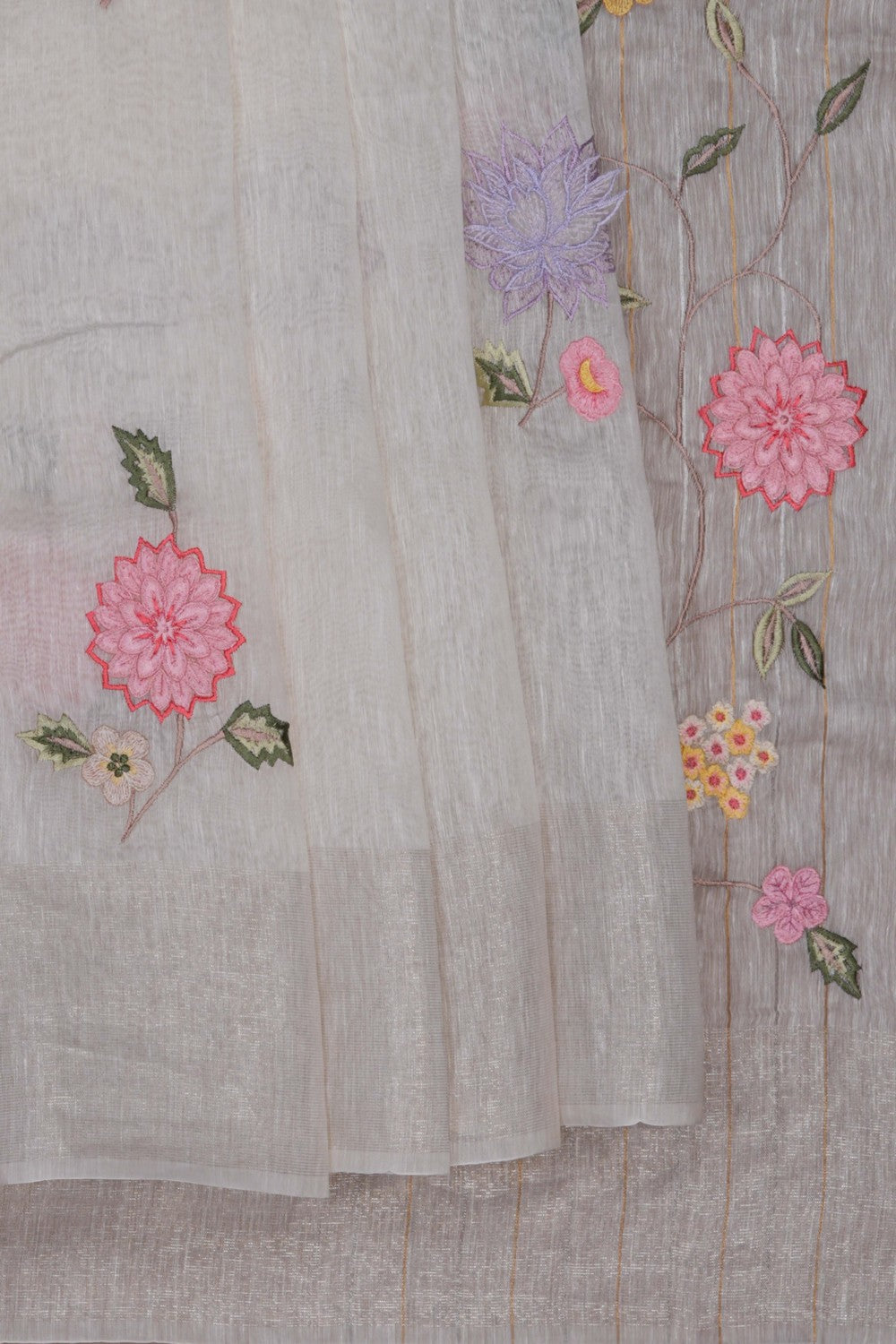 Image of A Silver Linen Embroidered Saree