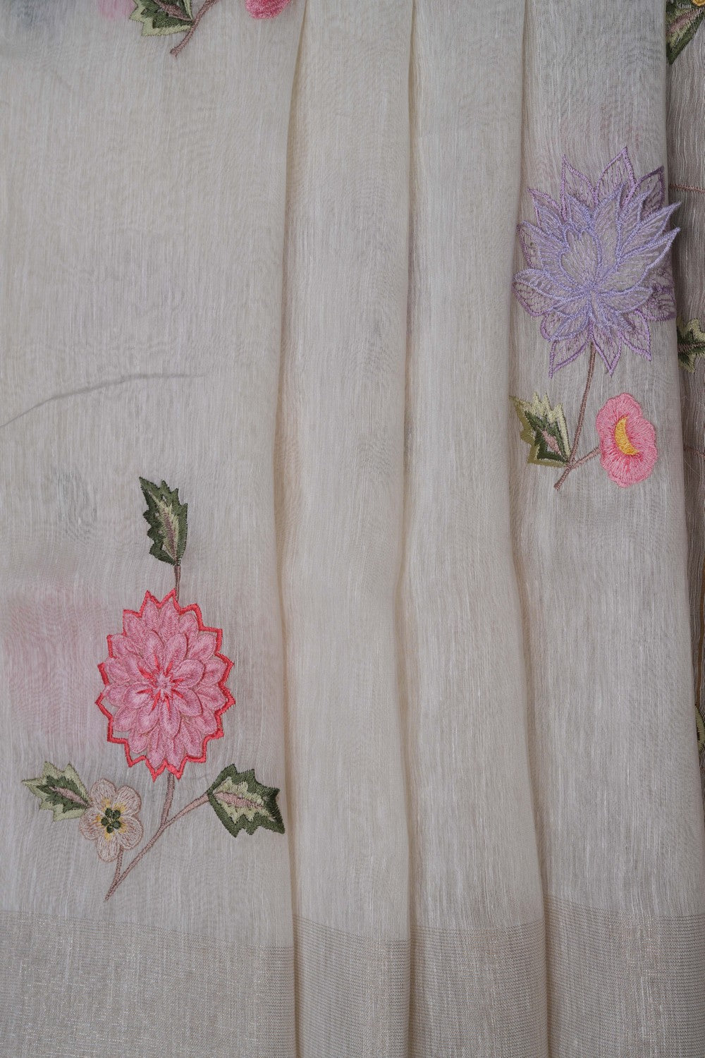 Image of A Silver Linen Embroidered Saree
