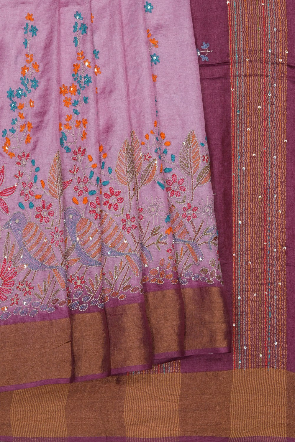 Image of Kantha Embroidery Desi Tussar Silk Saree