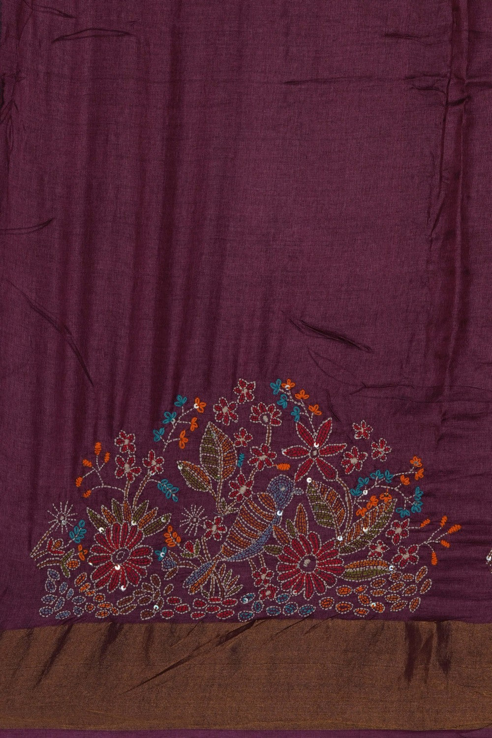 Image of Kantha Embroidery Desi Tussar Silk Saree