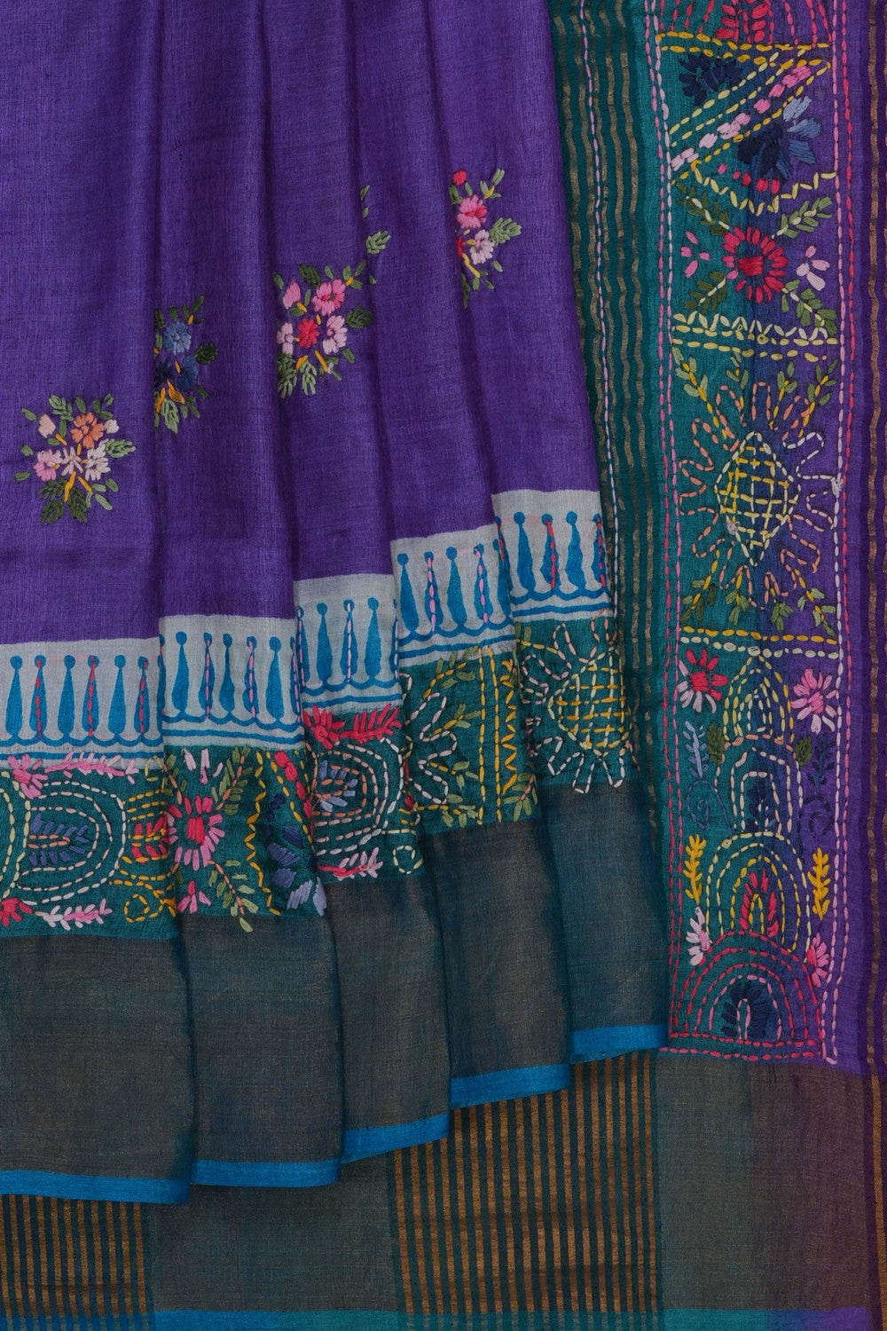 Image of Kantha Embroidery Desi Tussar Silk Saree