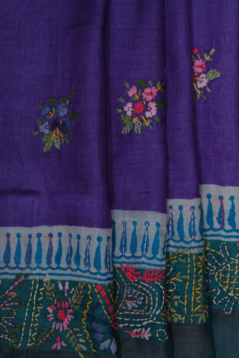 Image of Kantha Embroidery Desi Tussar Silk Saree