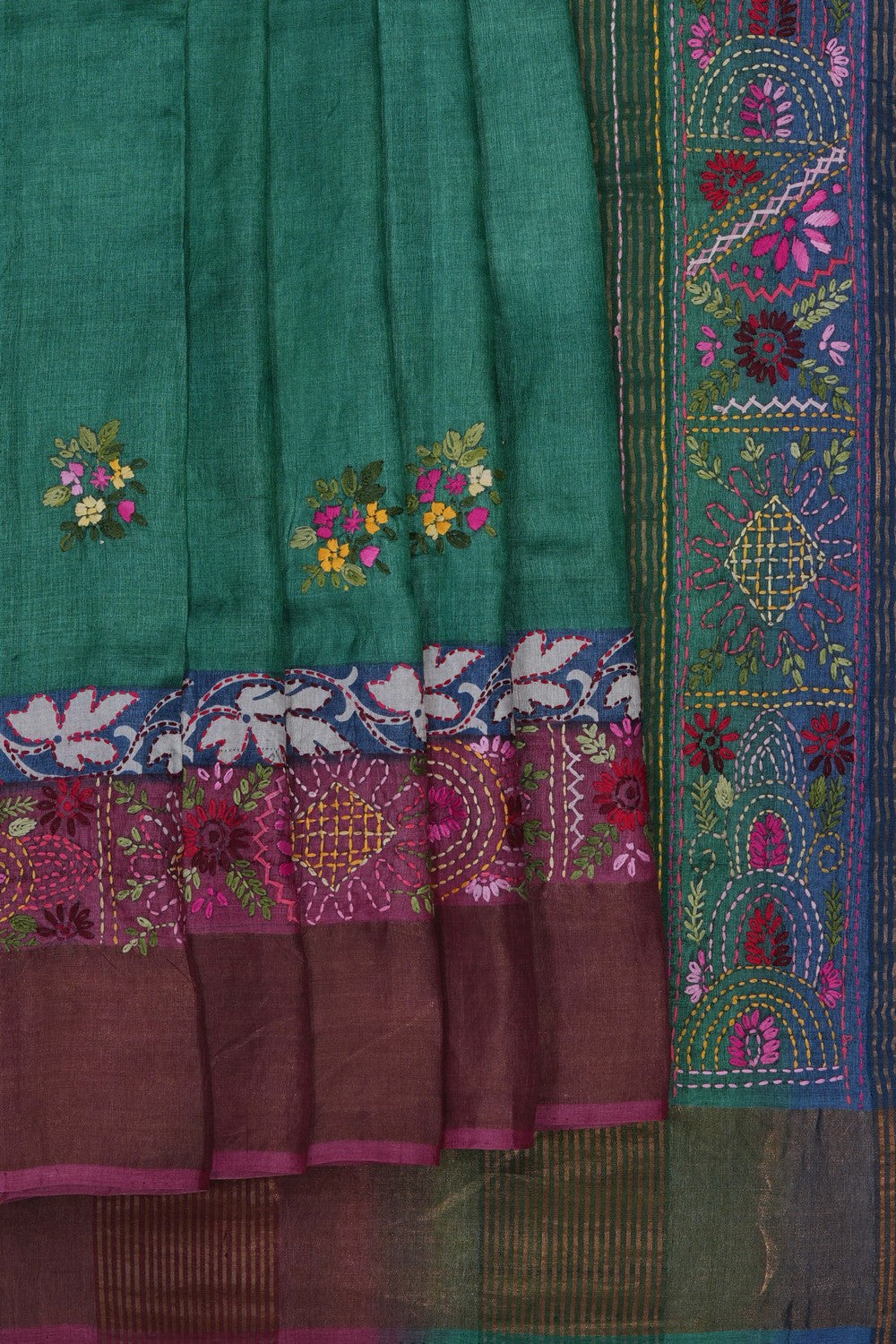 Image of Kantha Embroidery Desi Tussar Silk Saree