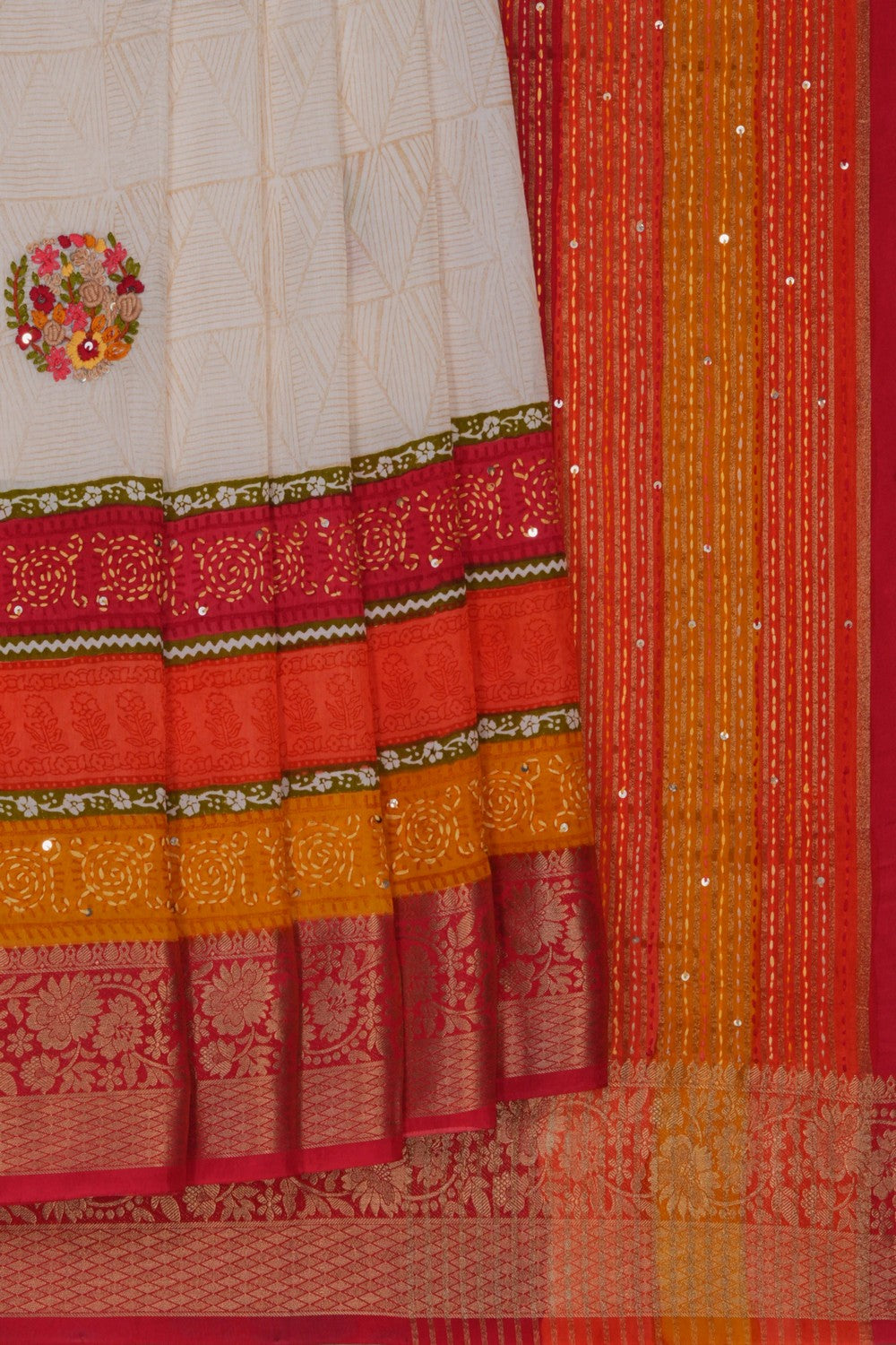 Image of Cream Silk Kantha Stitch Saree
