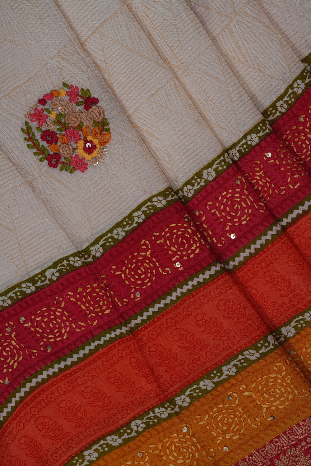 Image of Cream Silk Kantha Stitch Saree