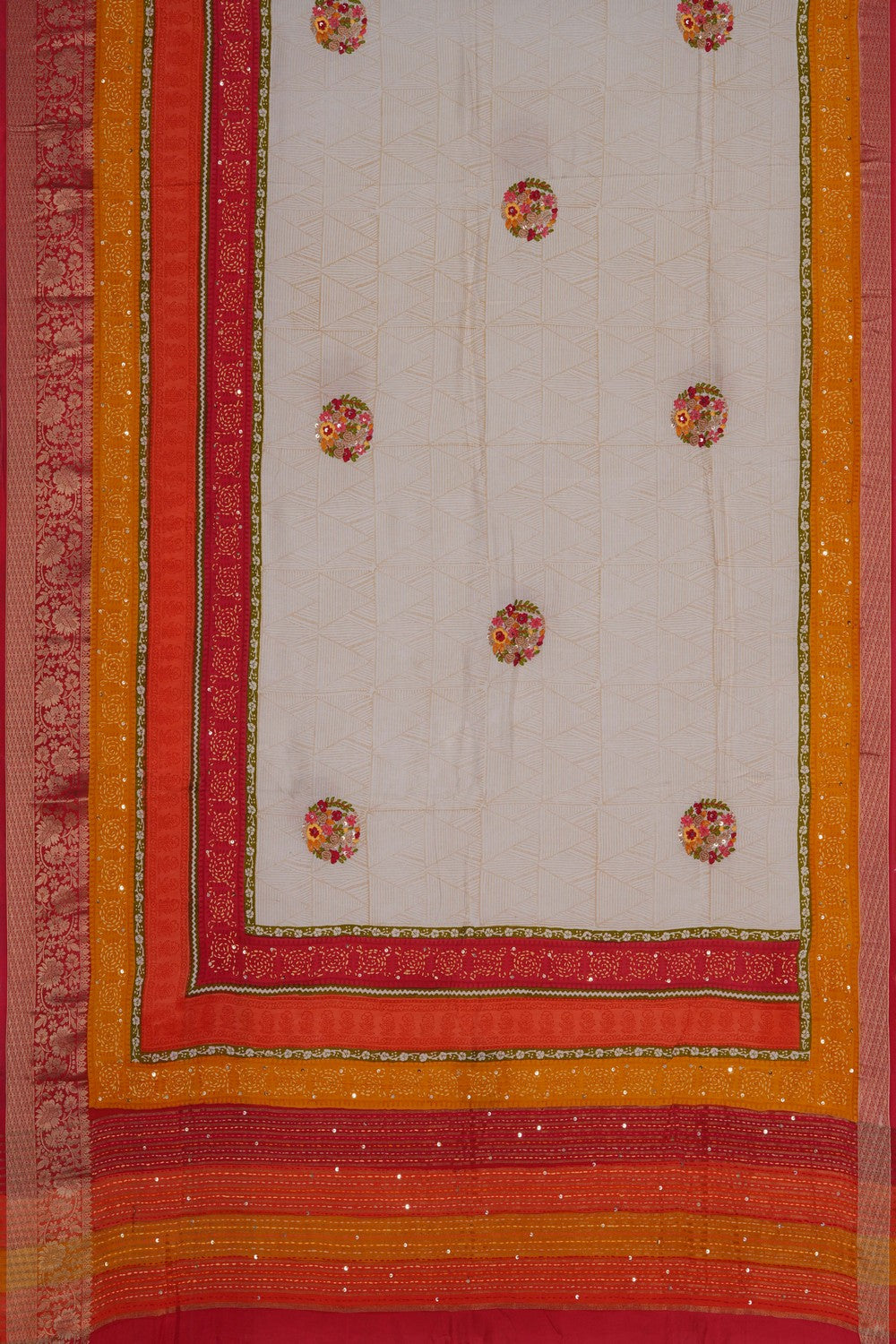 Image of Cream Silk Kantha Stitch Saree