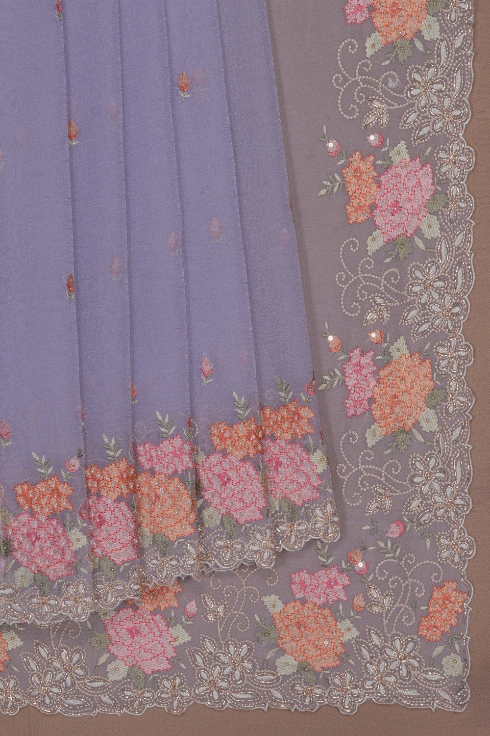 Image of Lavender Tissue Embroidered Saree